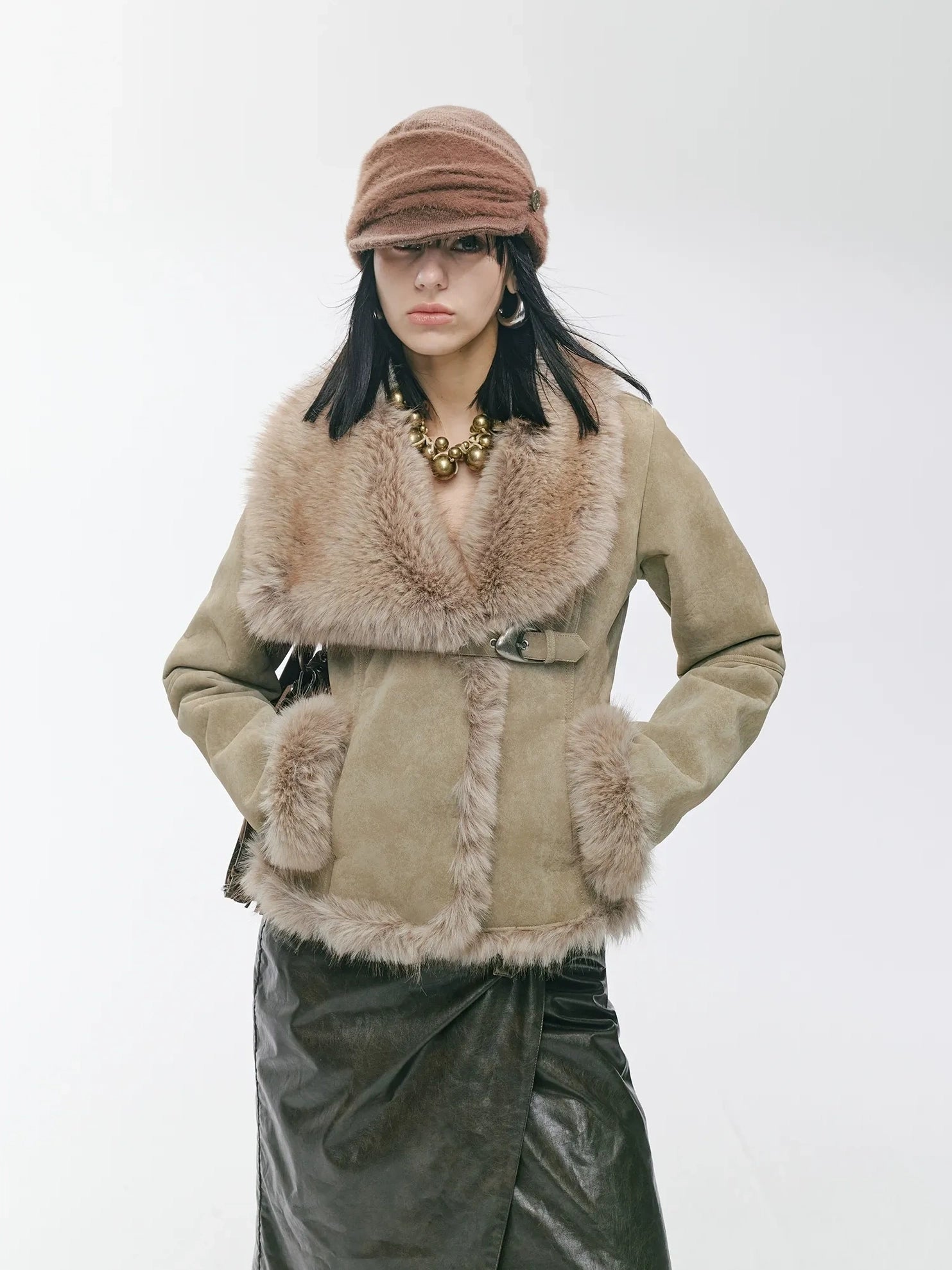 2th Desire Warm Faux Shearling Lined Vintage Cinched Waist Asymmetric Lapel Women Jacket