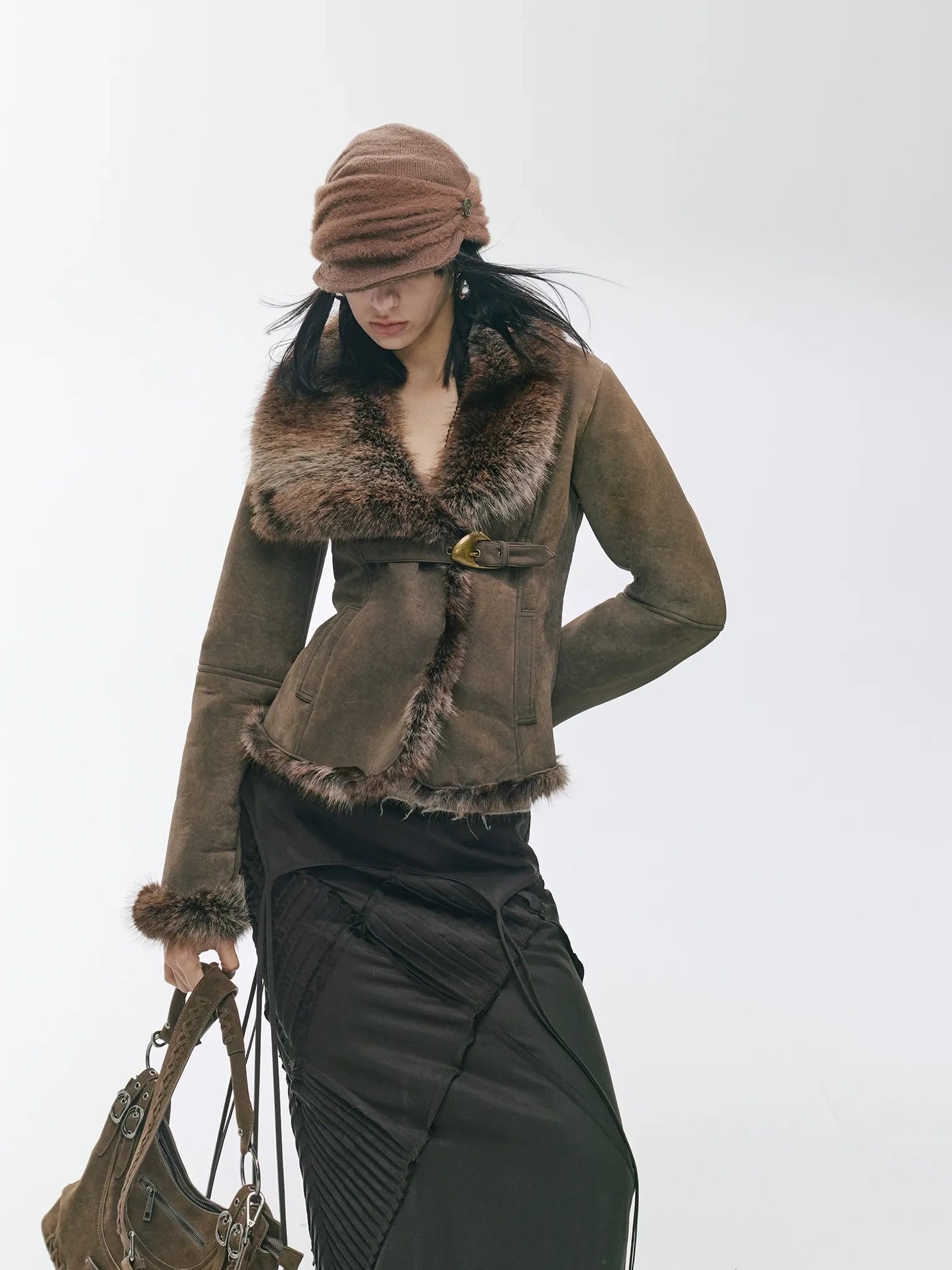 2th Desire Warm Faux Shearling Lined Vintage Cinched Waist Asymmetric Lapel Women Jacket