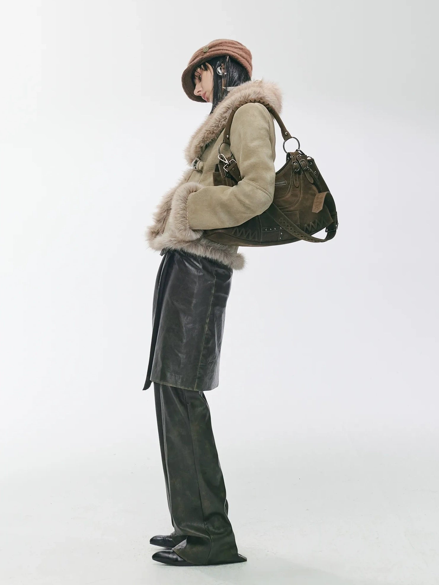 2th Desire Warm Faux Shearling Lined Vintage Cinched Waist Asymmetric Lapel Women Jacket