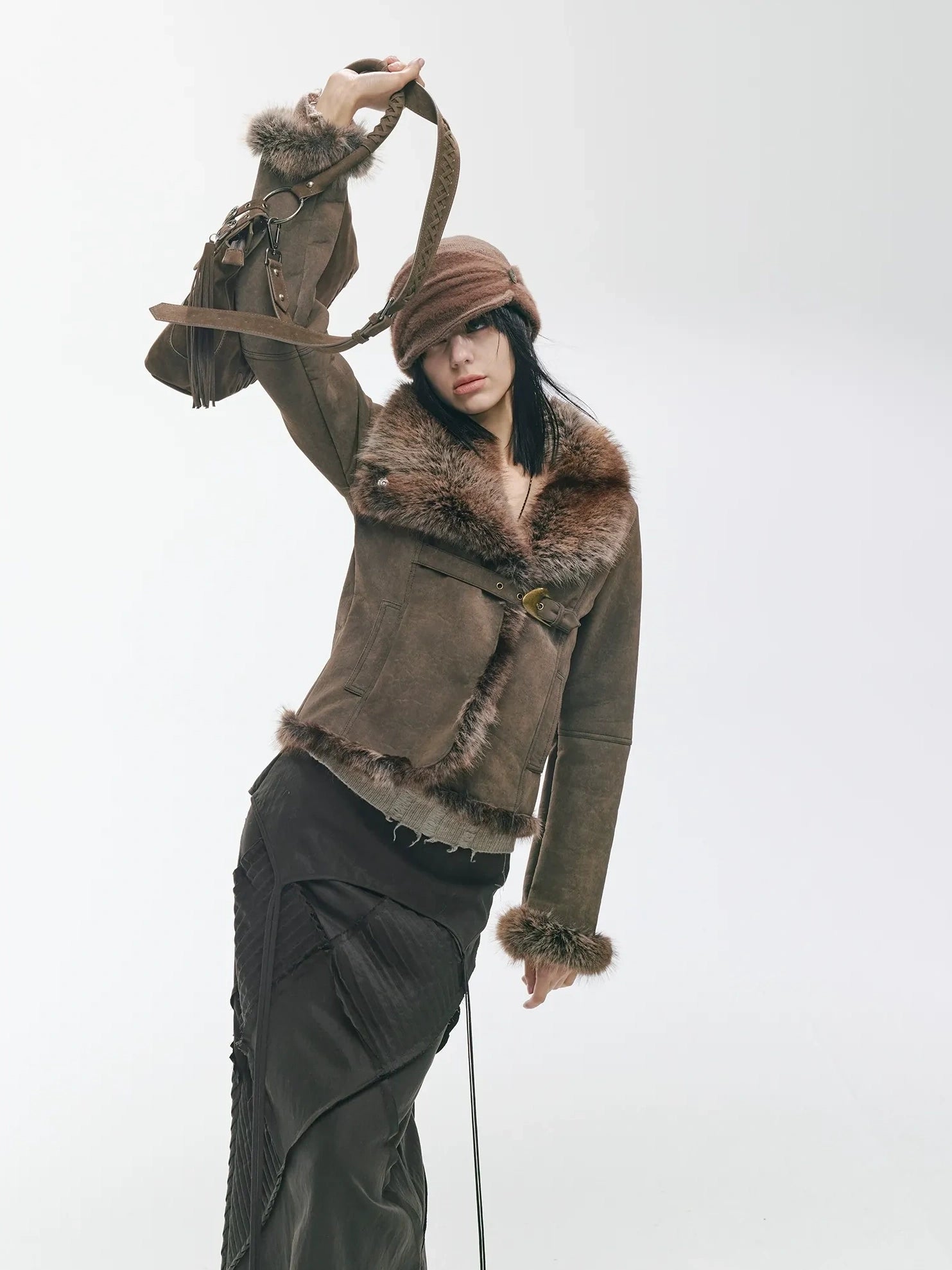 2th Desire Warm Faux Shearling Lined Vintage Cinched Waist Asymmetric Lapel Women Jacket