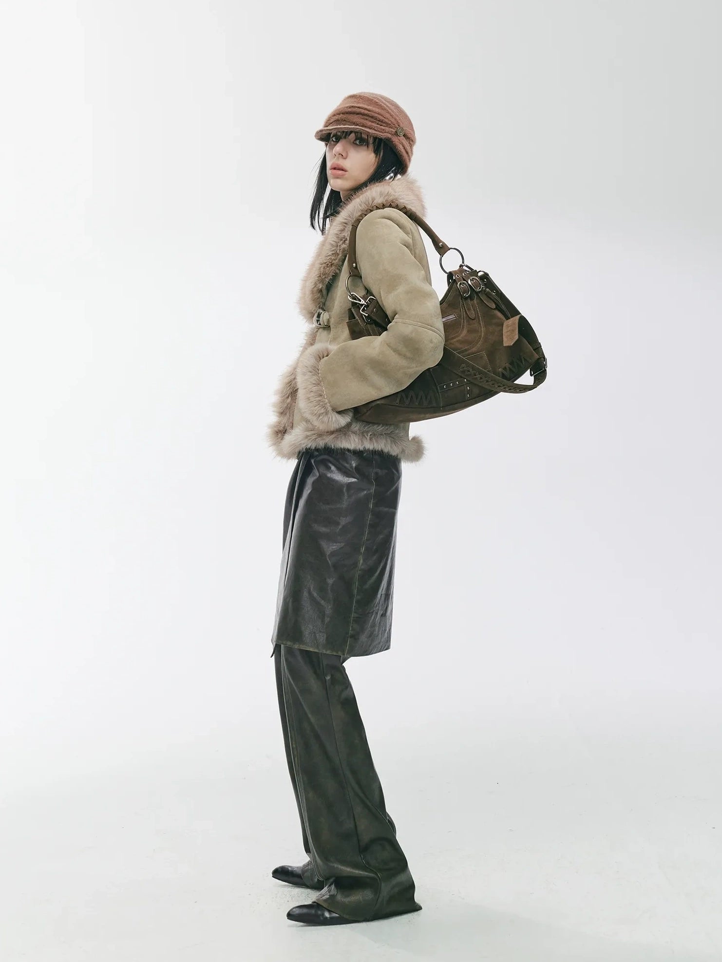 2th Desire Warm Faux Shearling Lined Vintage Cinched Waist Asymmetric Lapel Women Jacket