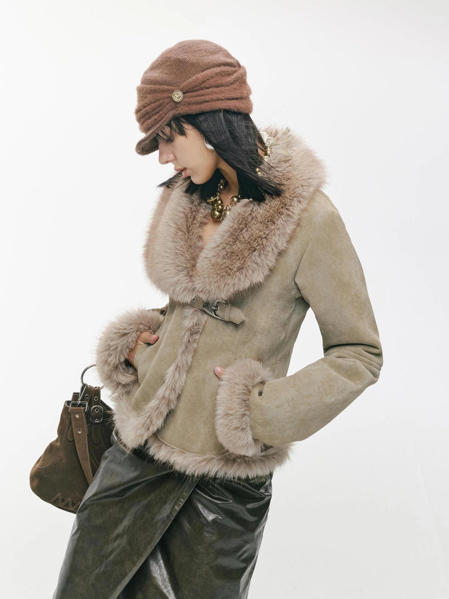 2th Desire Warm Faux Shearling Lined Vintage Cinched Waist Asymmetric Lapel Women Jacket