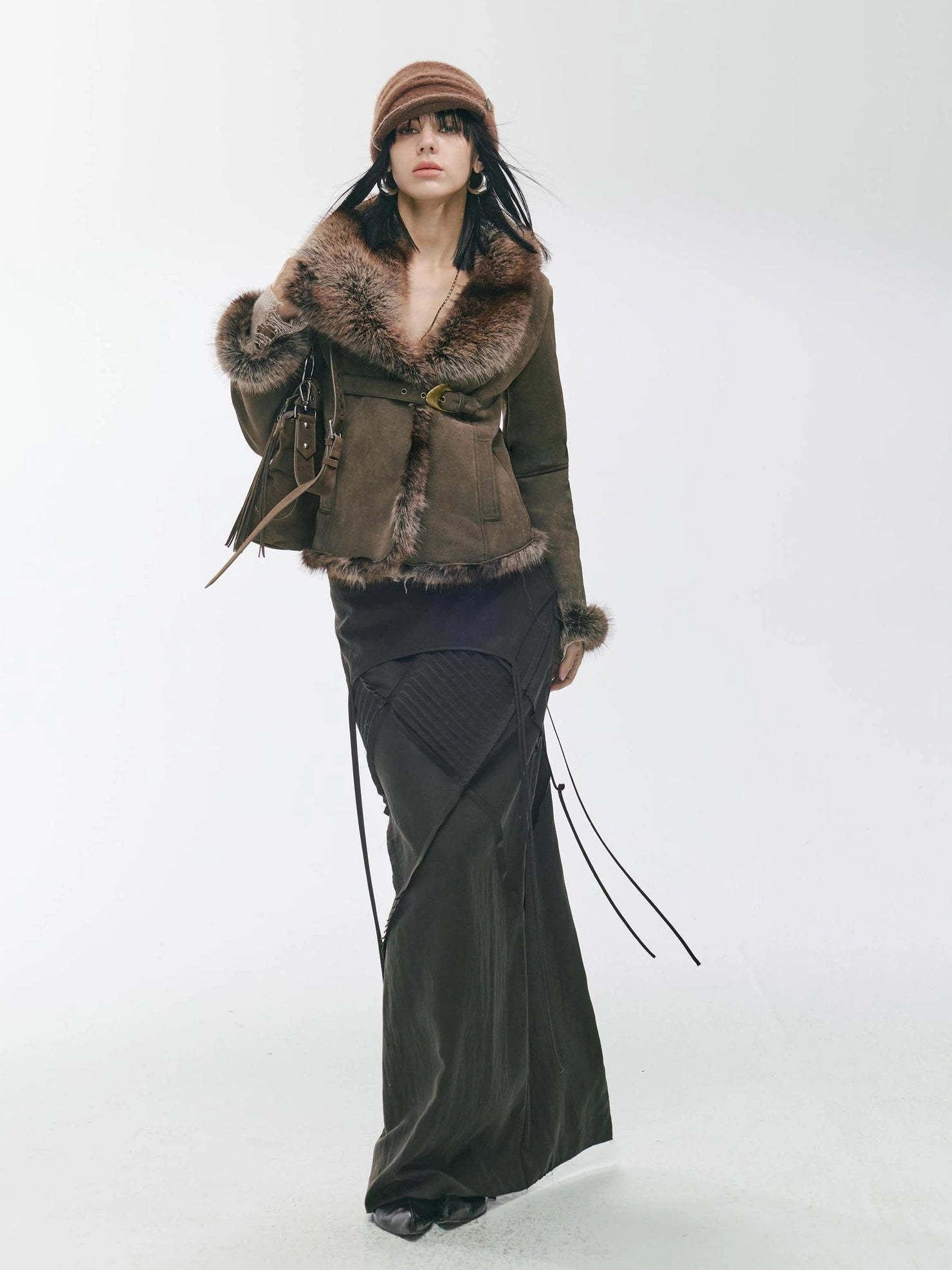 2th Desire Warm Faux Shearling Lined Vintage Cinched Waist Asymmetric Lapel Women Jacket