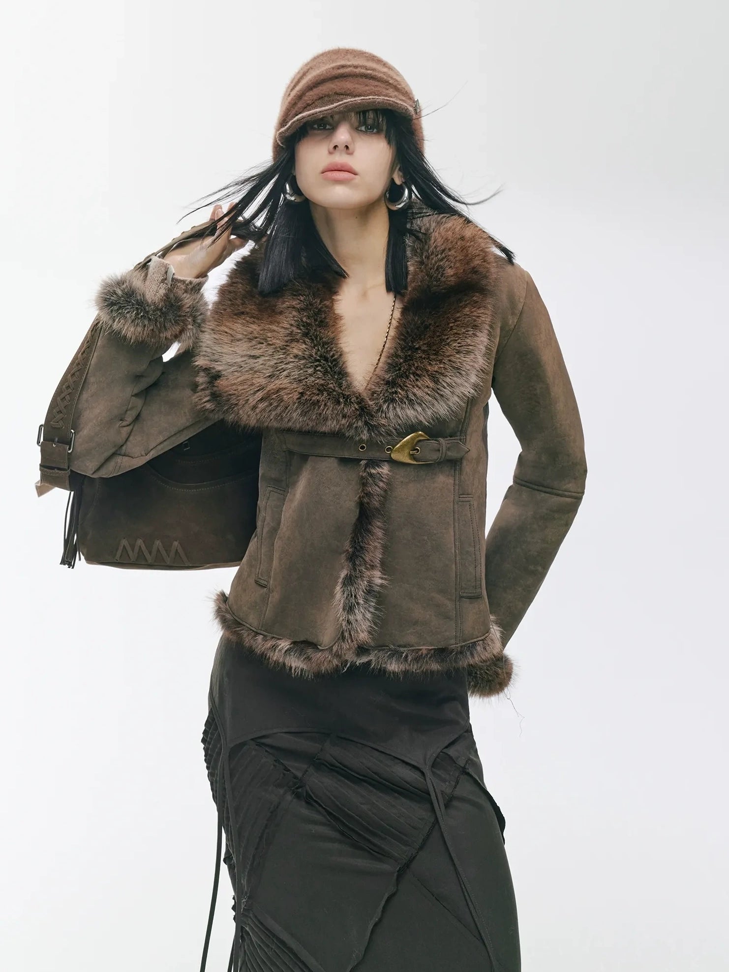 2th Desire Warm Faux Shearling Lined Vintage Cinched Waist Asymmetric Lapel Women Jacket