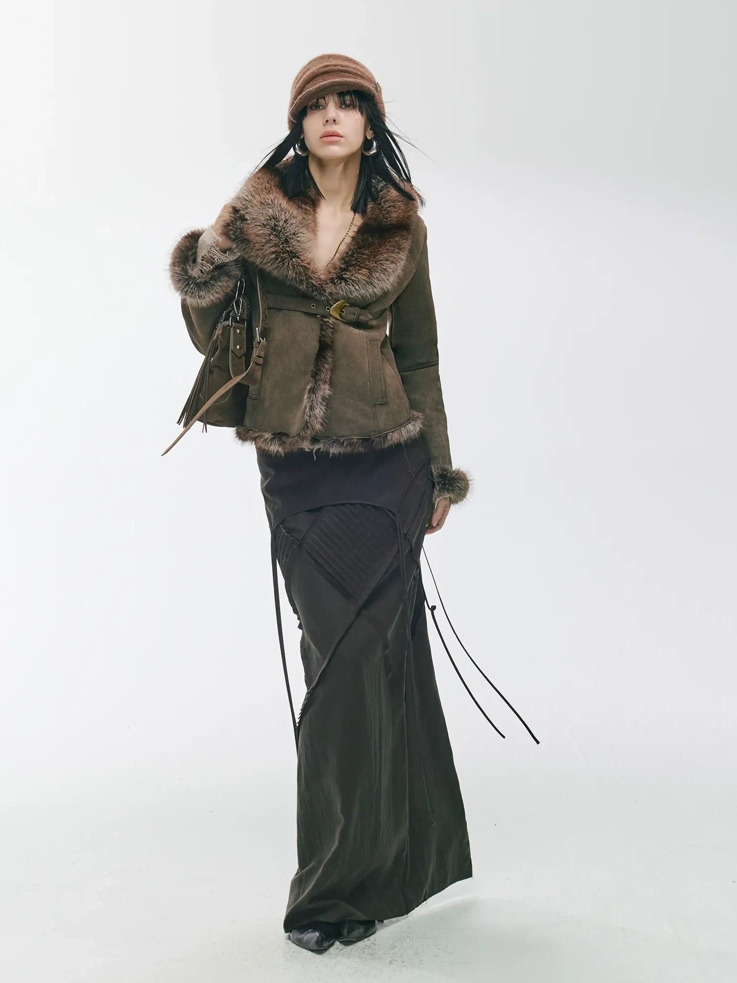 2th Desire Warm Faux Shearling Lined Vintage Cinched Waist Asymmetric Lapel Women Jacket