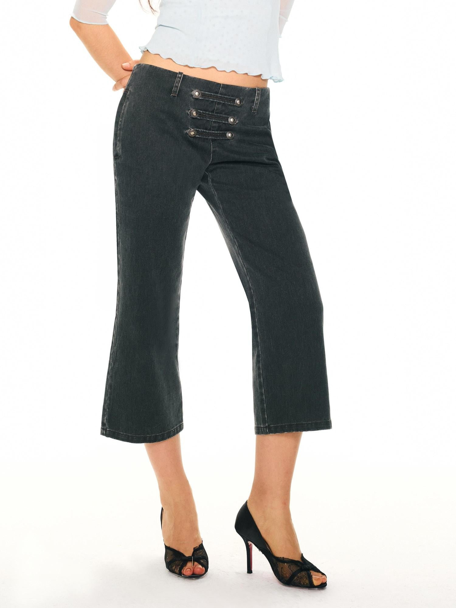 2th Desire Washed Black Grey Distressed Pirate Button High Waist Women&