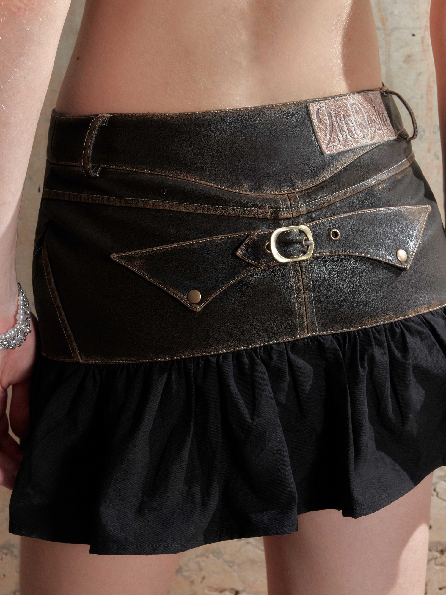 2th Desire Washed Frayed Print & Patchwork Denim Mini Skirt
