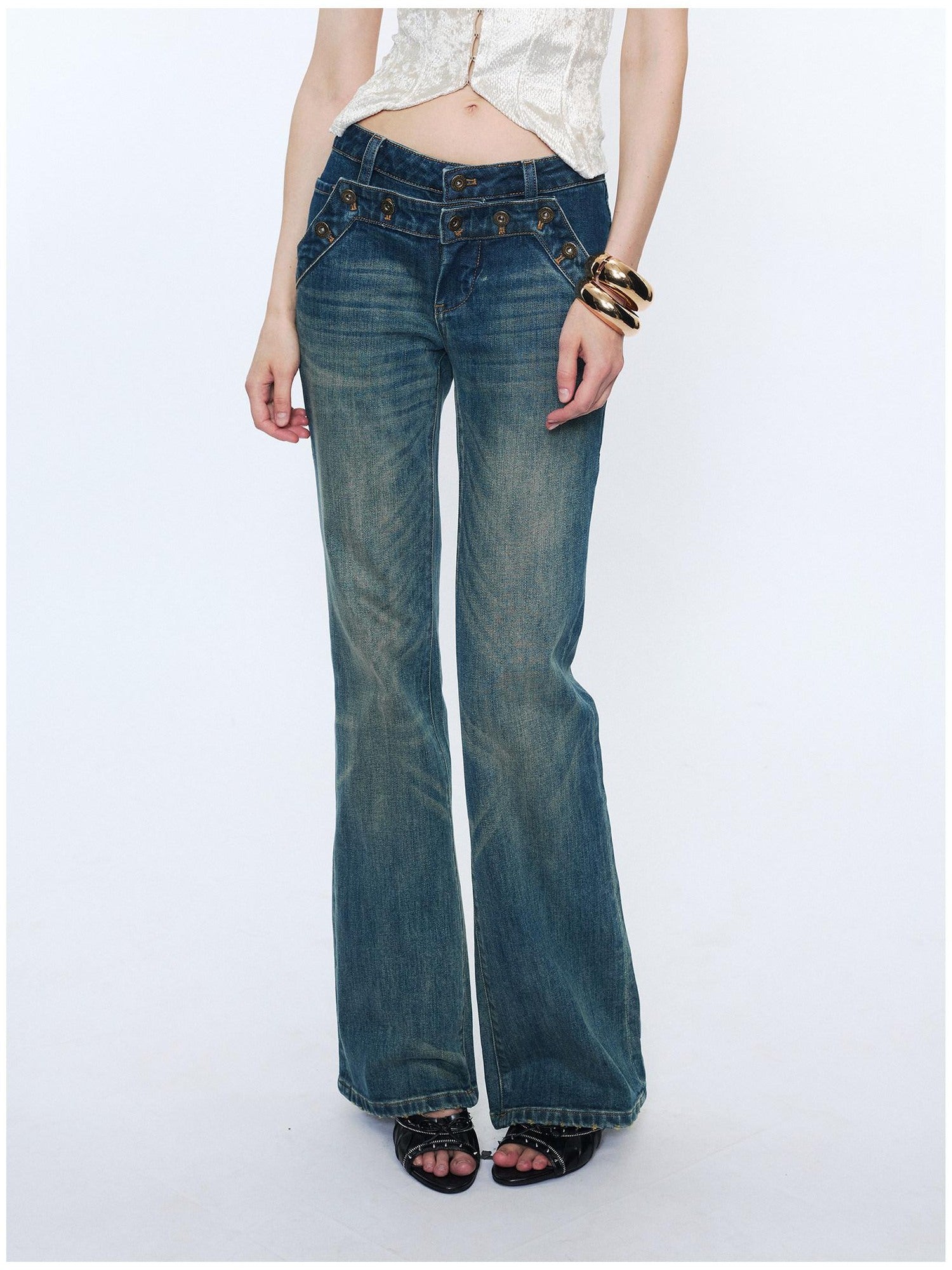 2th Desire Washed Micro Flare Natural Waist Women Cotton Vintage Blue Straight Pants