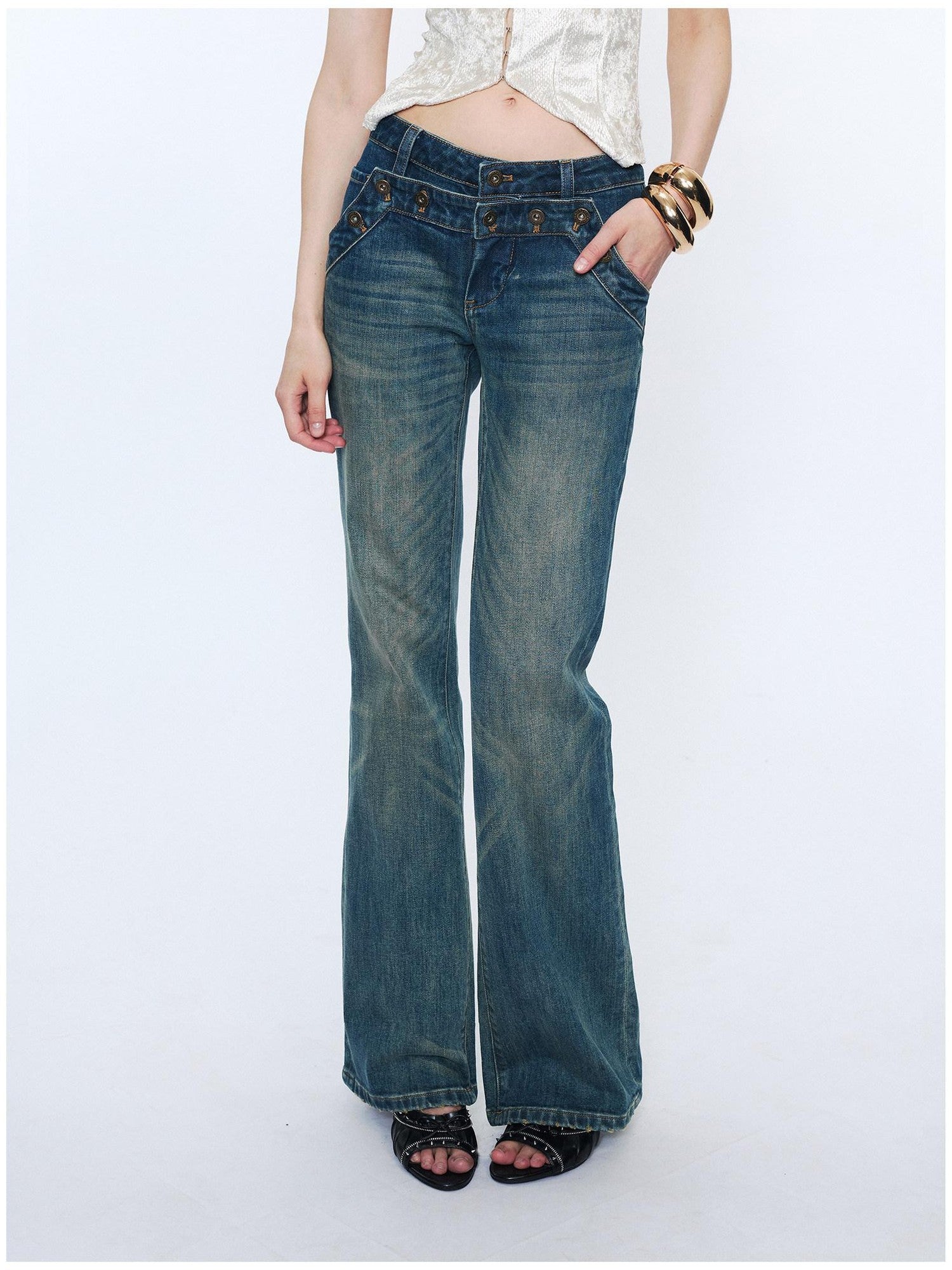 2th Desire Washed Micro Flare Natural Waist Women Cotton Vintage Blue Straight Pants