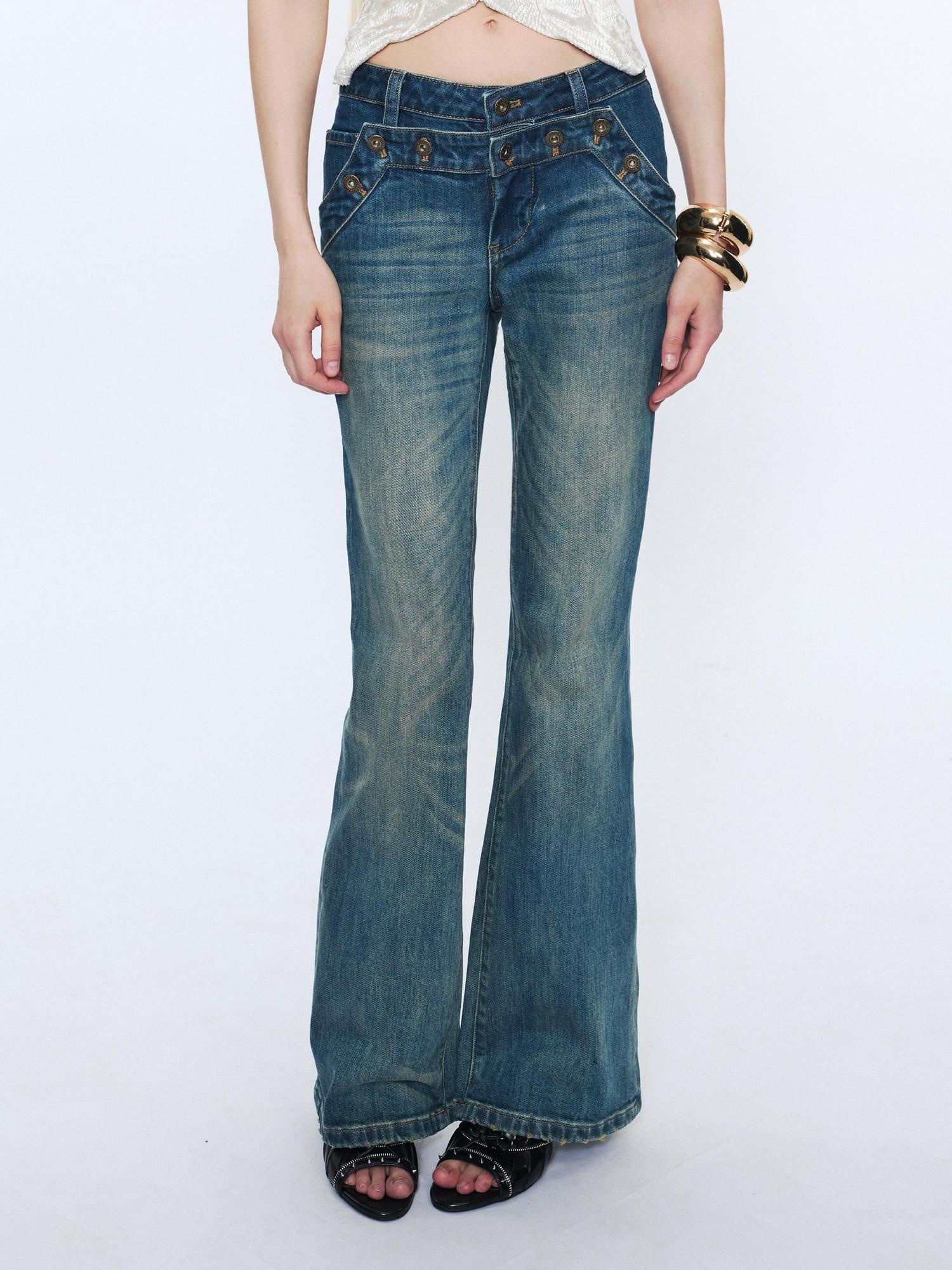 2th Desire Washed Micro Flare Natural Waist Women Cotton Vintage Blue Straight Pants