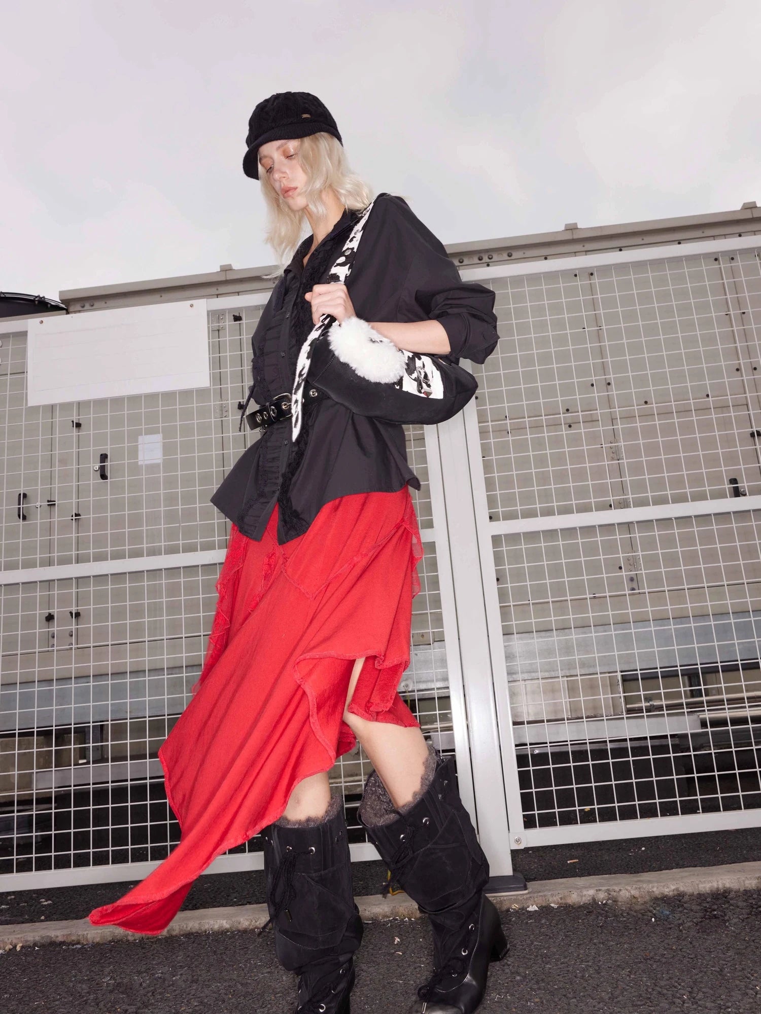 Wool Lace Tie Waist Asymmetric Knit Skirt