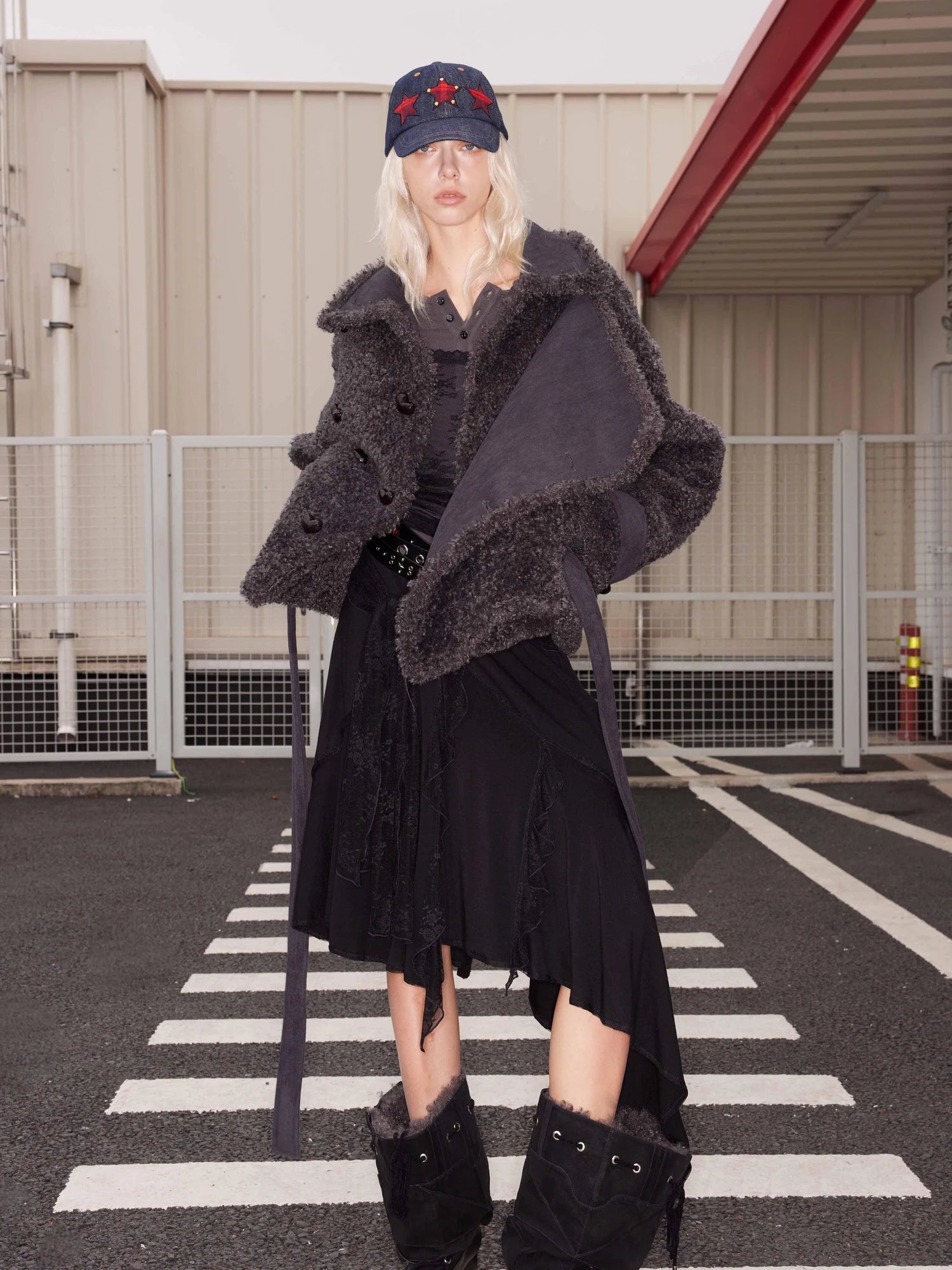 Wool Lace Tie Waist Asymmetric Knit Skirt