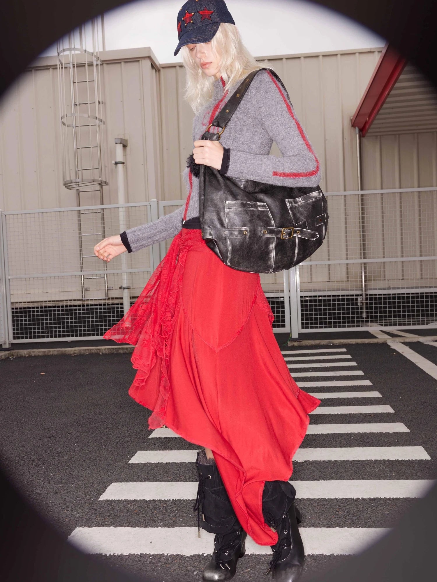 Wool Lace Tie Waist Asymmetric Knit Skirt