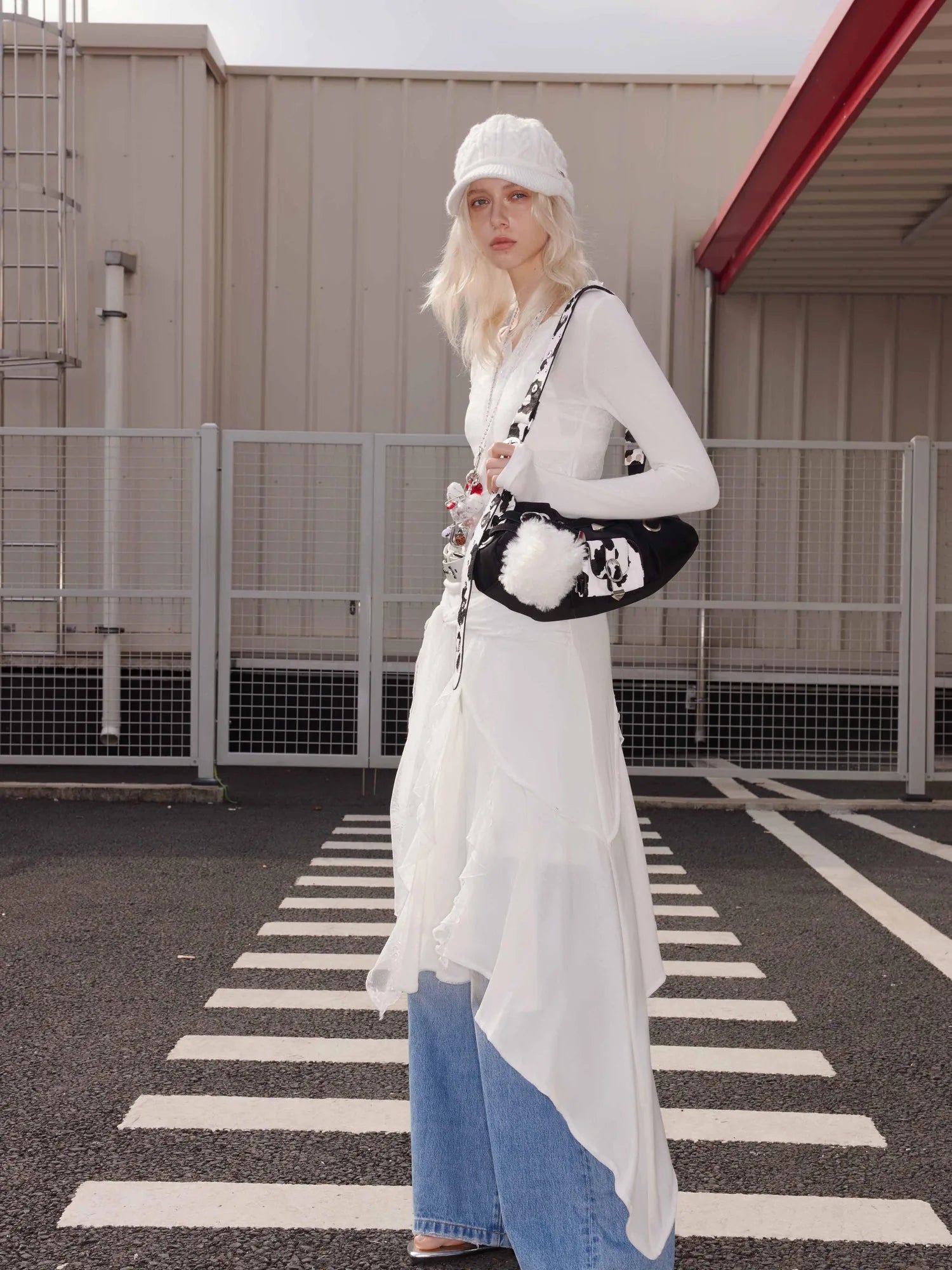 Wool Lace Tie Waist Asymmetric Knit Skirt