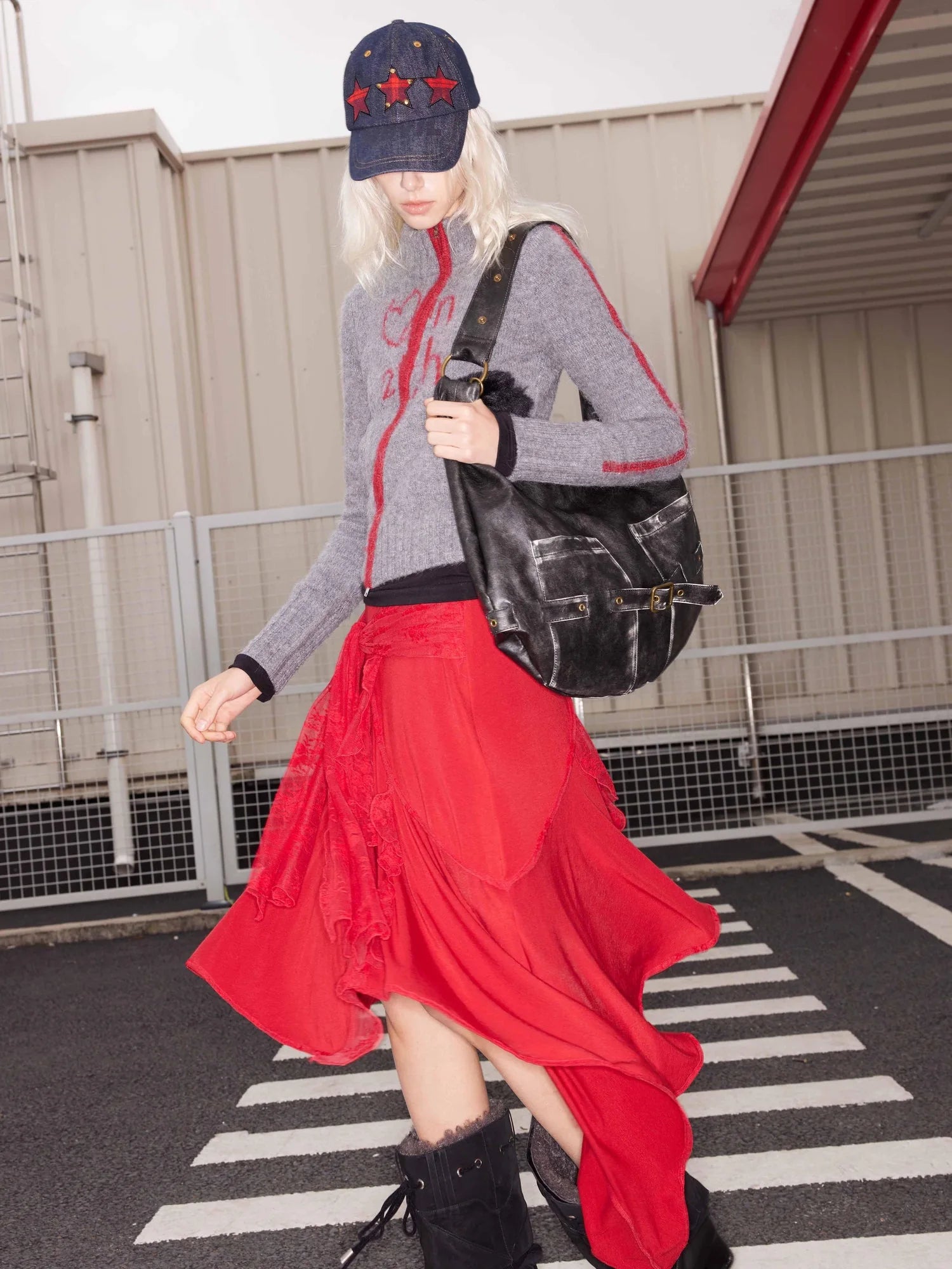 Wool Lace Tie Waist Asymmetric Knit Skirt