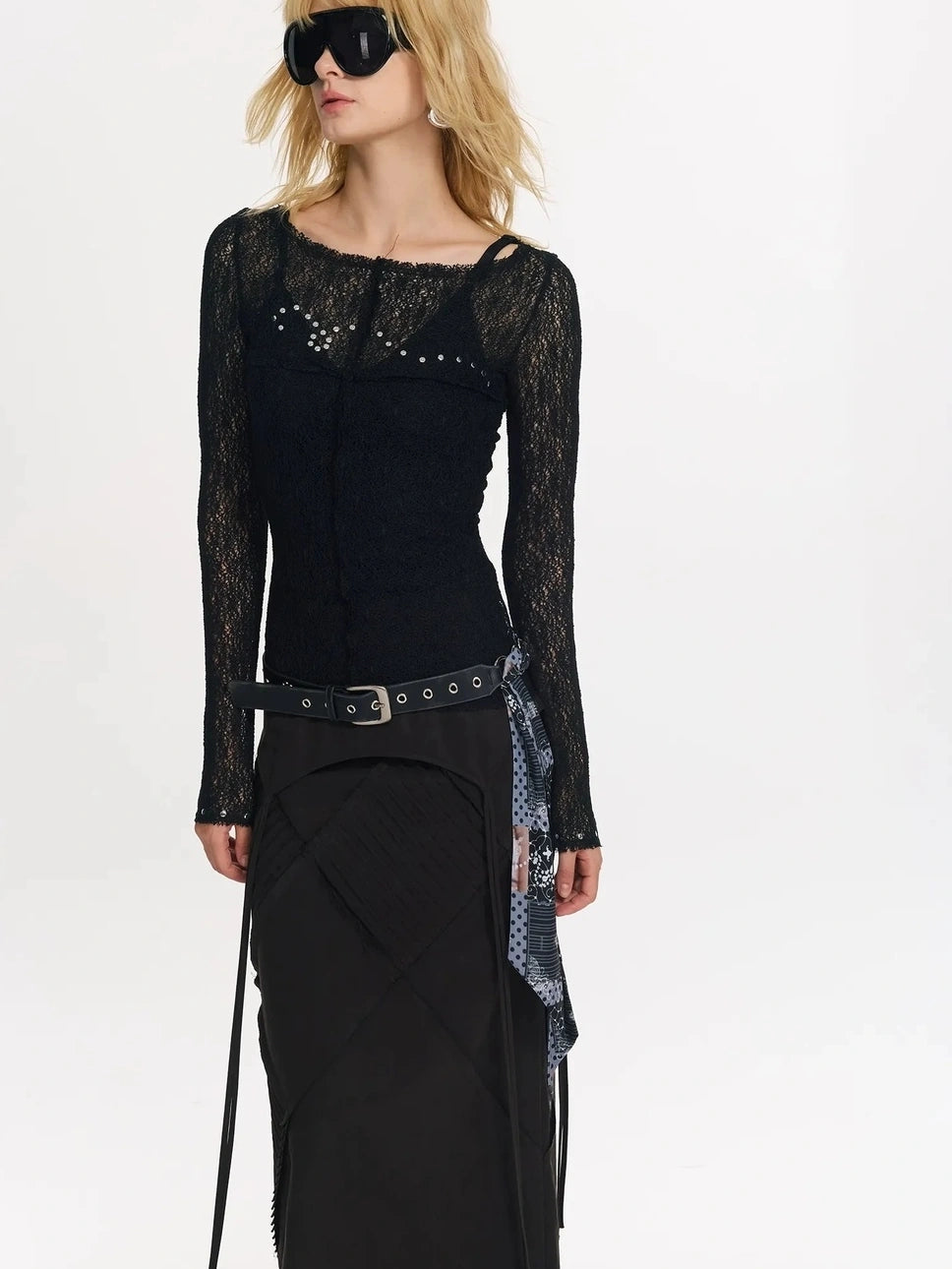 2th Desire Wrapped Beaded Punk Hollow Knit Top T-shirt