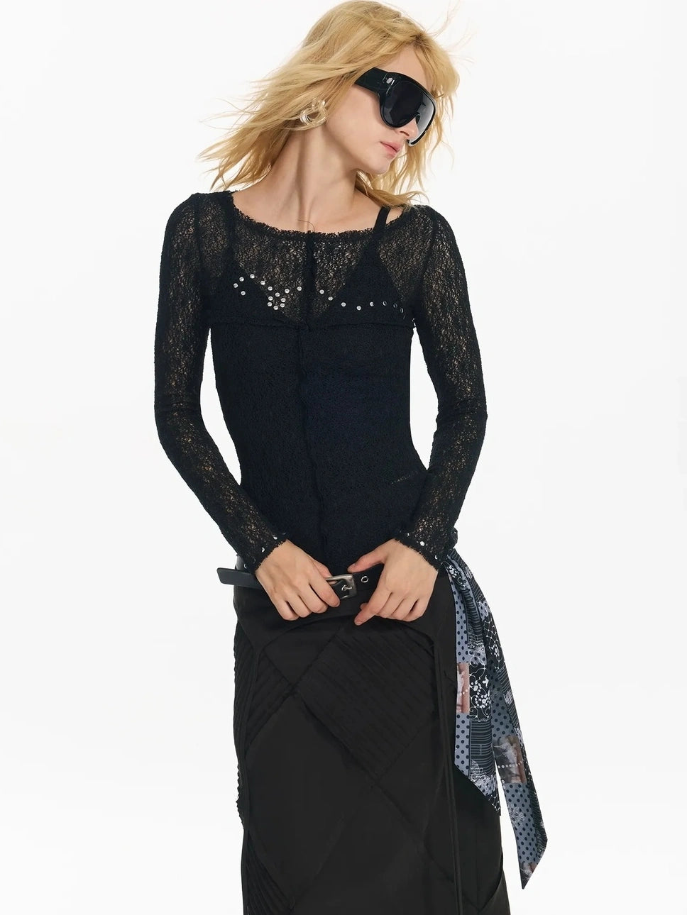 2th Desire Wrapped Beaded Punk Hollow Knit Top T-shirt