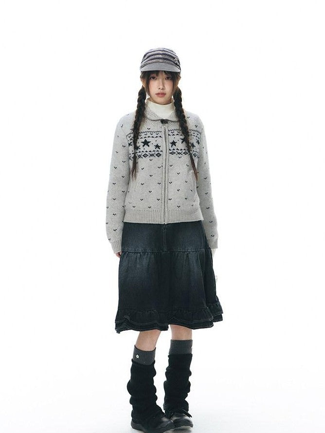 NAPSNAPS Vintage Fair Isle Star Knit Turndown Collar Women&
