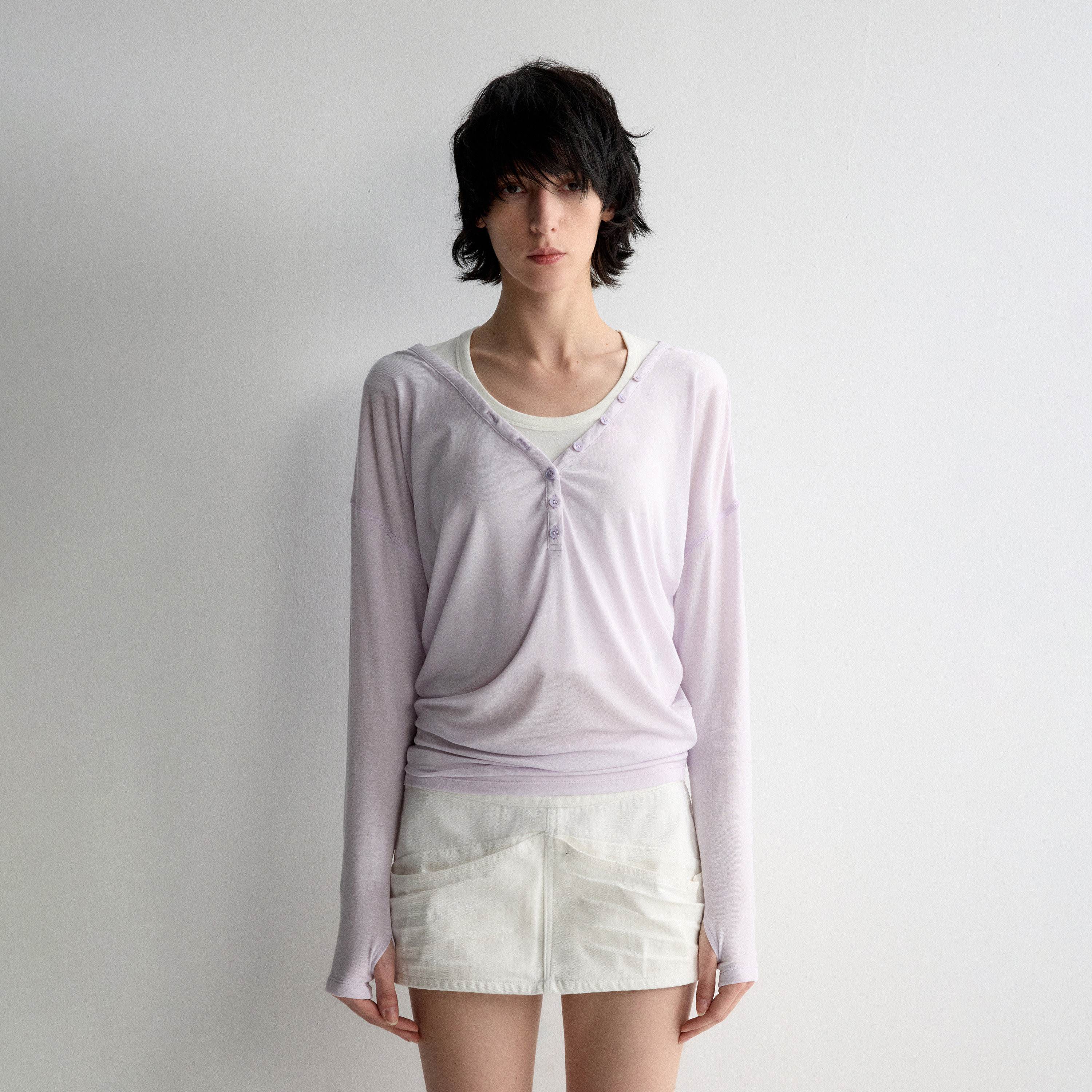RUN TO THE FUTURE Breathable Lyocell Linen Vneck Slim Casual Women Lilac Long Sleeve T-Shirts