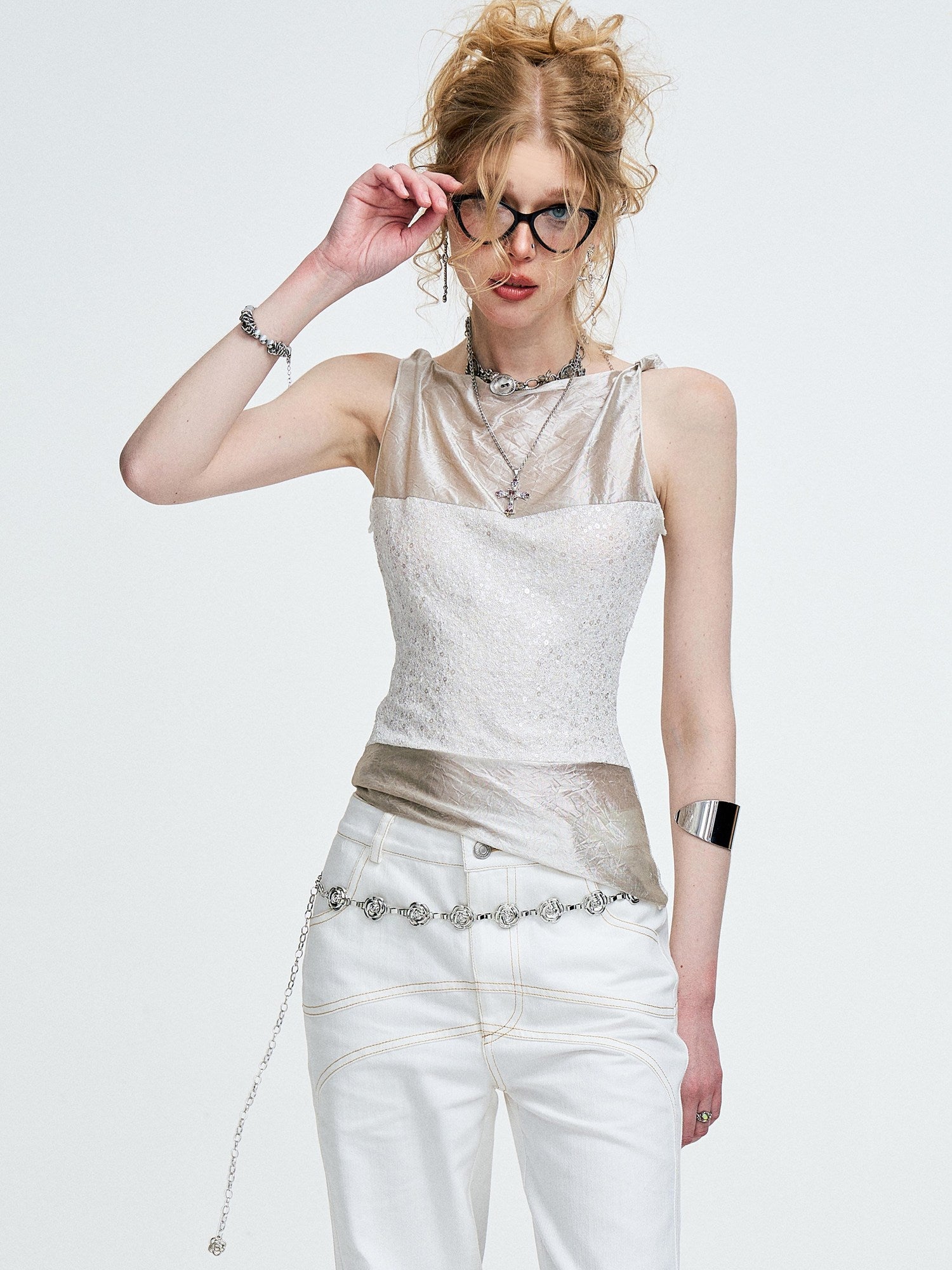 The NeverMore Original Chain Ruching 3D Buttons Slim Fit Cotton Blend Women White Tank Tops