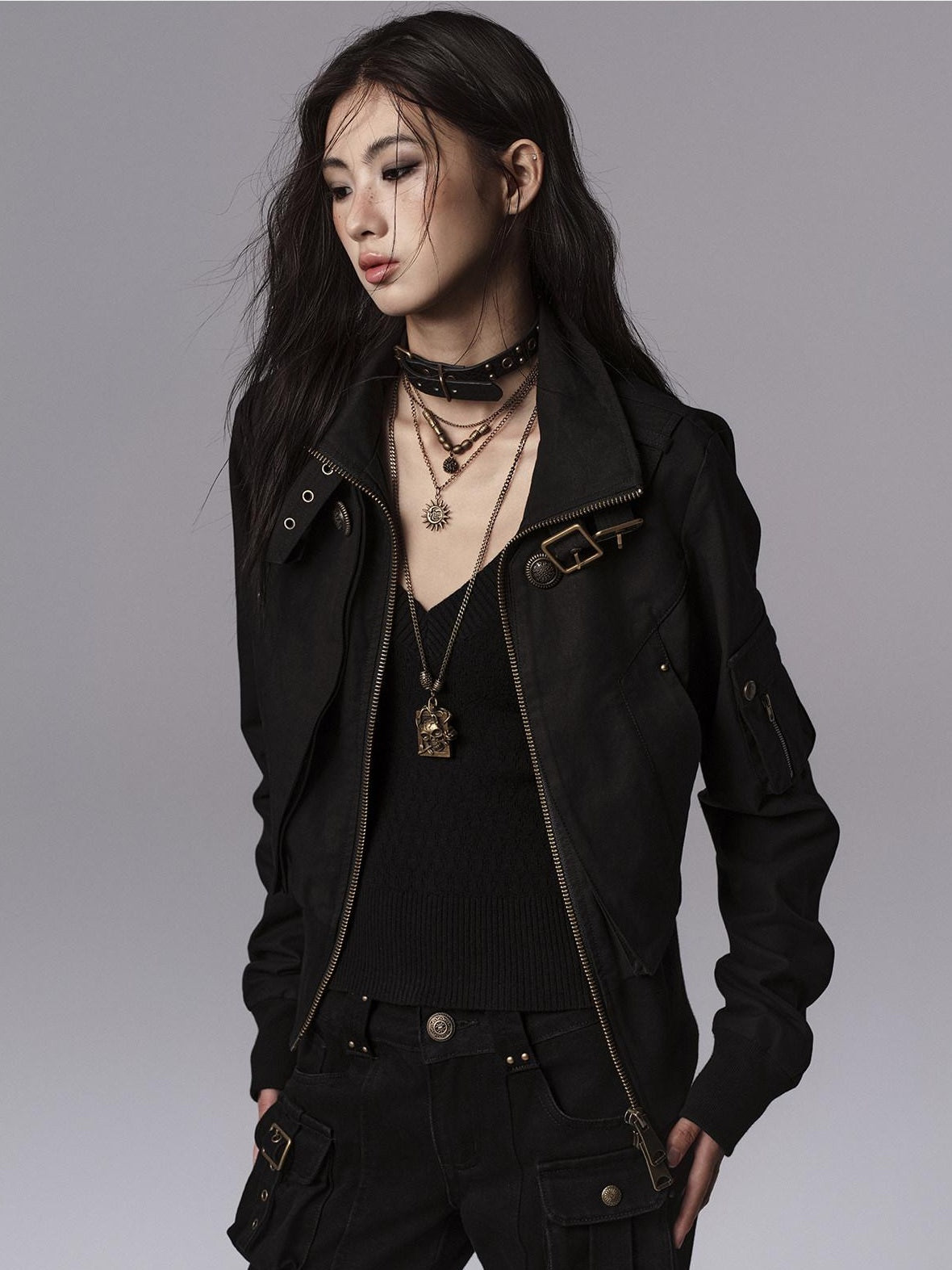 Low pixel Waist Cinched Gothic Slim V-neck Black Women Pullover Cropped Jackets