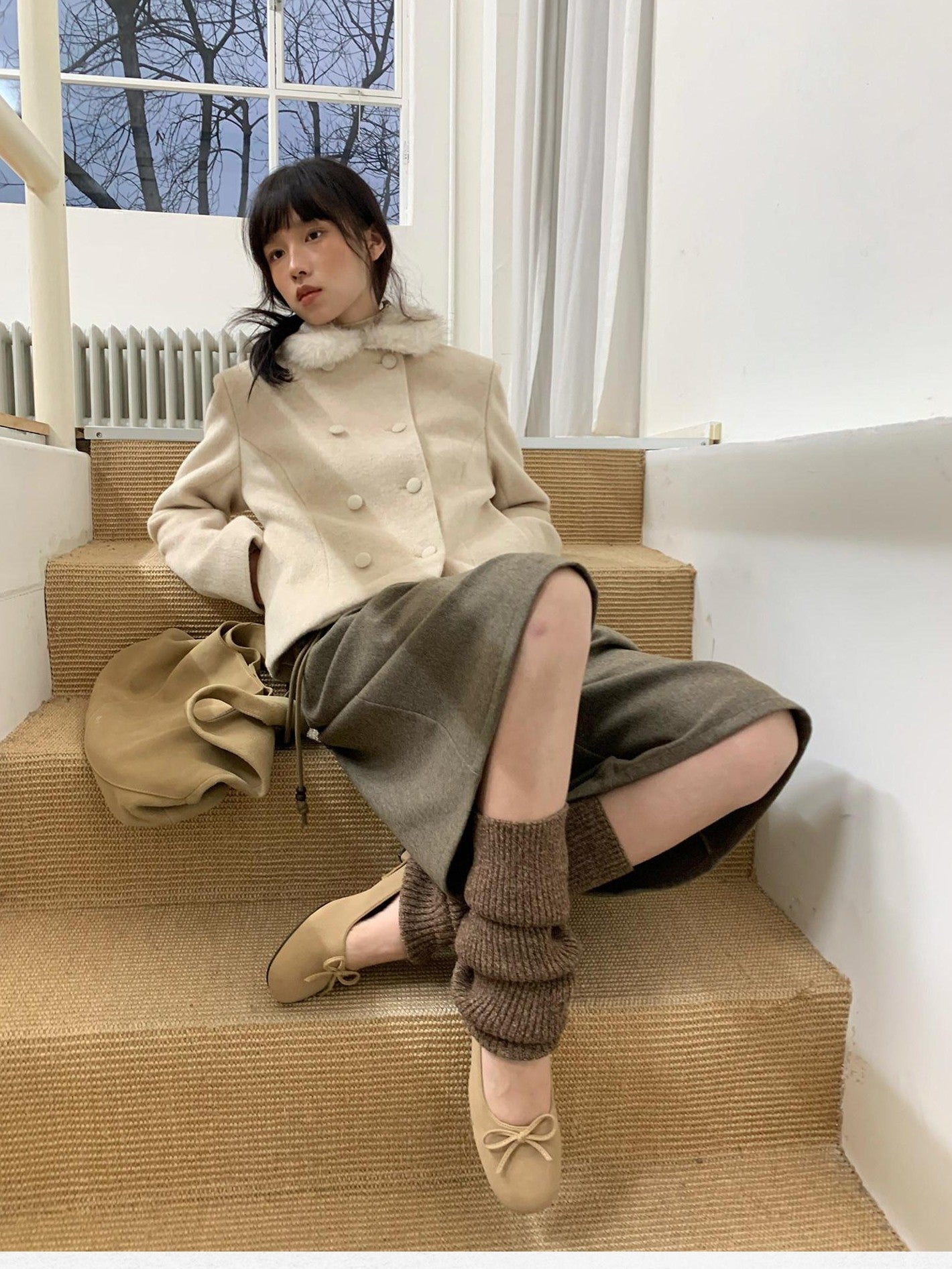 Dorydory Faux Fur Collar Double Breasted Straight Cut Women&