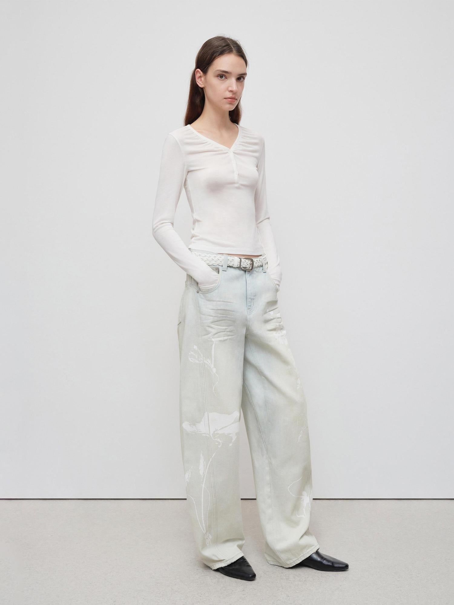 RUN TO THE FUTURE Vintage Light Blue Floral Cotton Loose Casual Womens Zipper Fly Wide-Leg Jeans