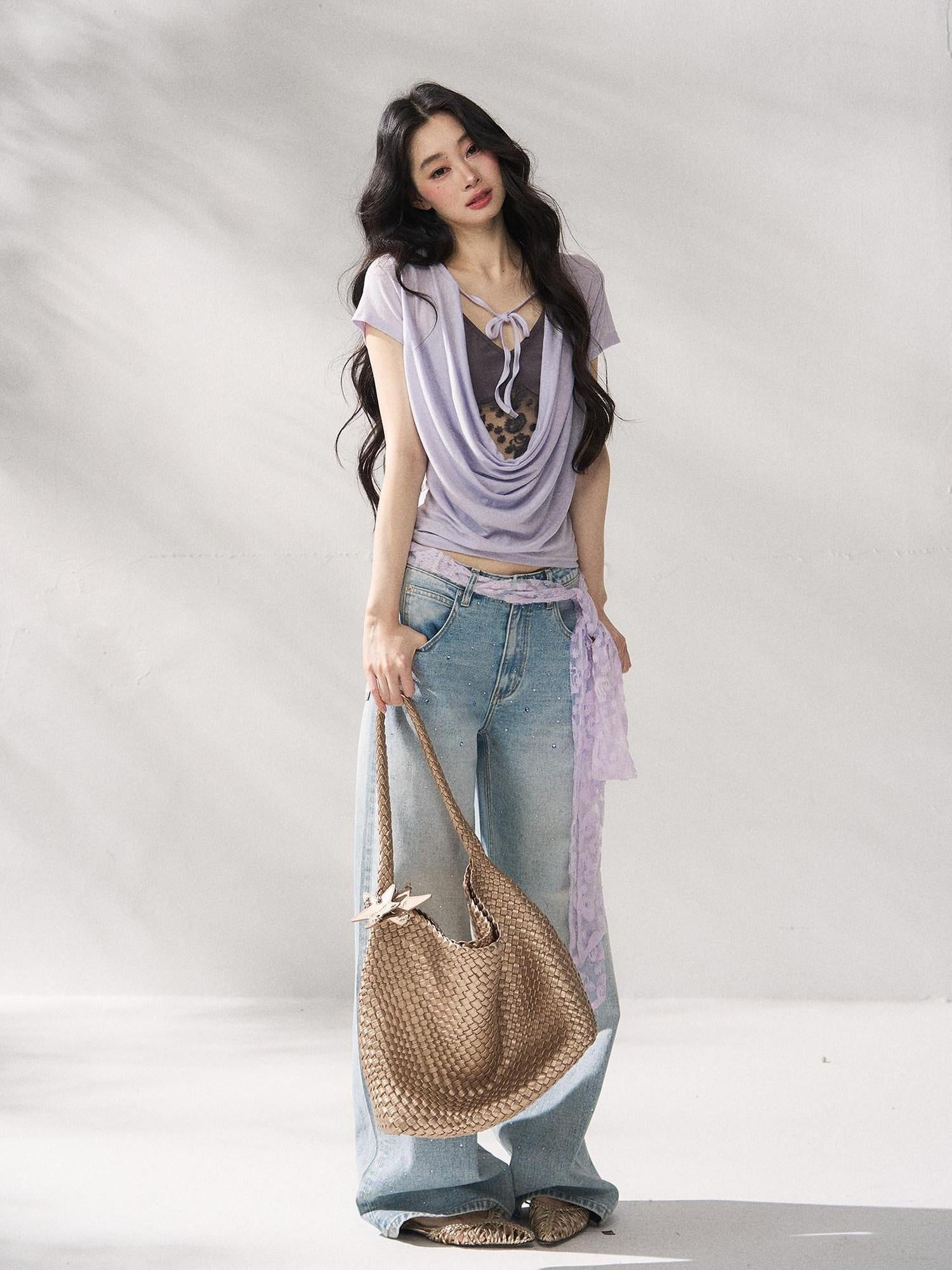7Shiftin Purple Tie Front Relaxed Crew Neck Short Sleeve Casual Women Basic Crop Tops