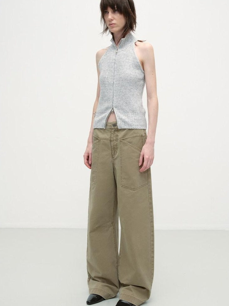 RUN TO THE FUTURE Washed Cotton Khaki Cargo Pockets Loose Mid Rise Zip Fly Casual Straight Pants