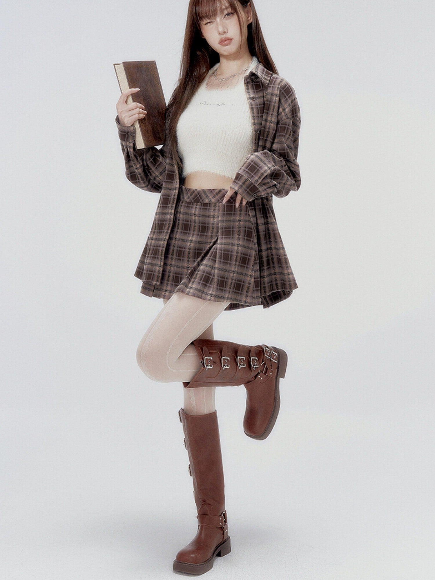 DKZ OFFICIAL Plaid Shirred Drop Shoulder Women&