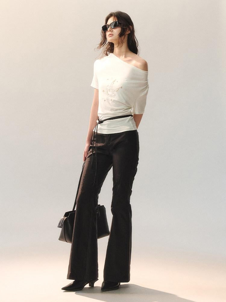 AnnoMundi Stretch Cotton Blend Slim Casual Natural Waist Women Black Straight Pants
