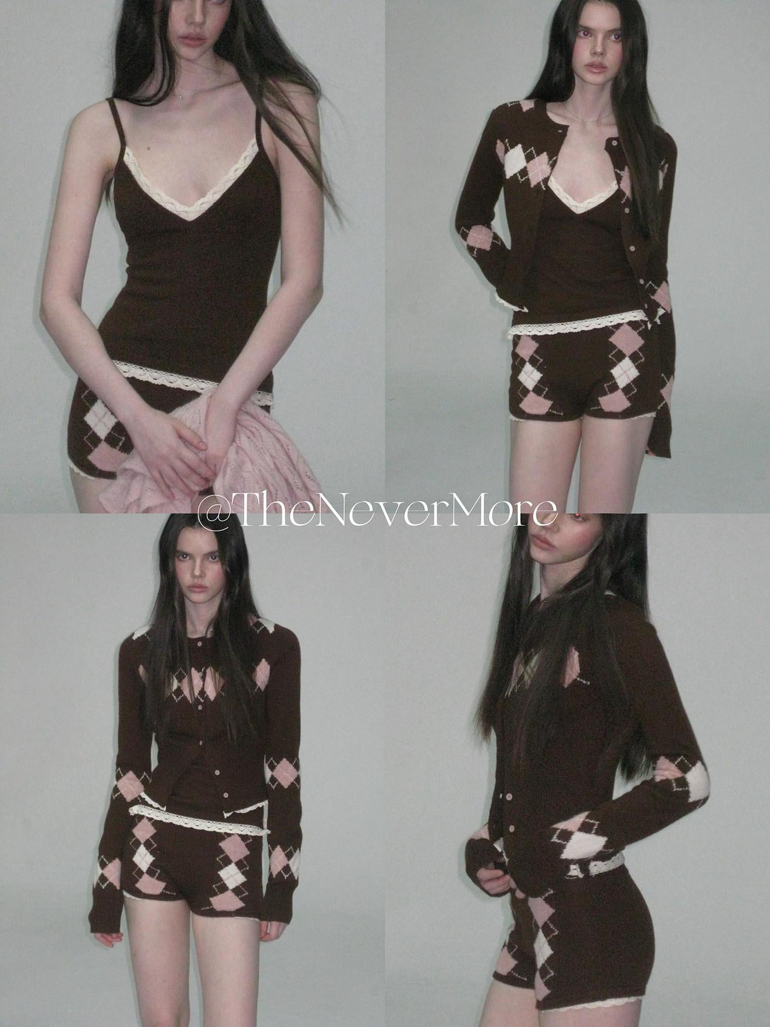 The NeverMore Cashmere Blend Sexy Argyle Button Cardigan Shorts Women Top & Shorts Sets