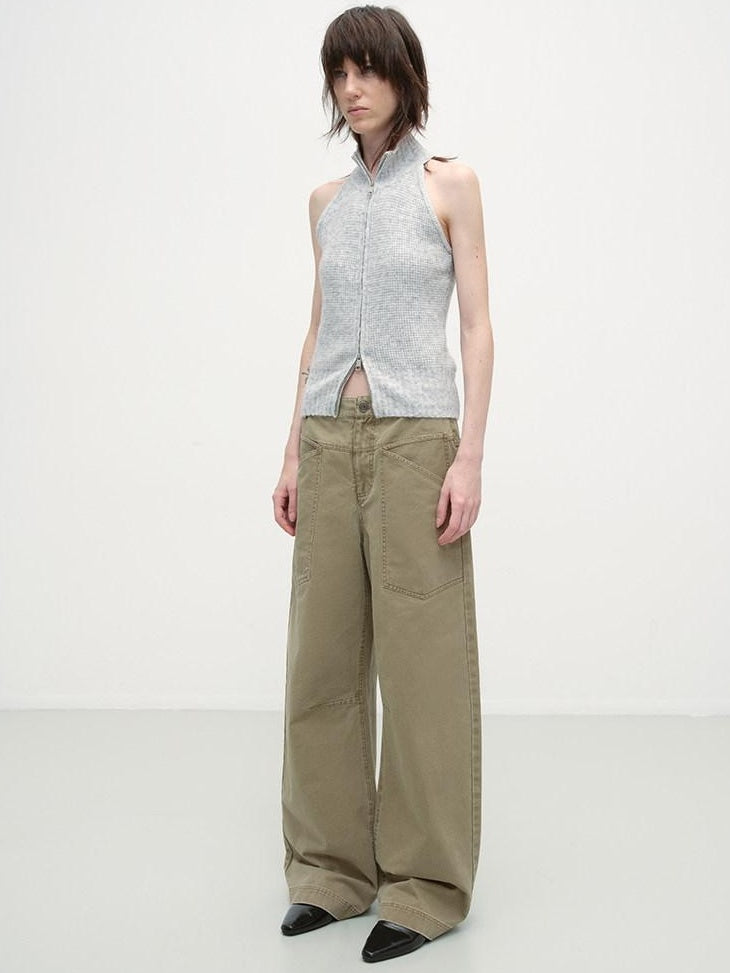RUN TO THE FUTURE Washed Cotton Khaki Cargo Pockets Loose Mid Rise Zip Fly Casual Straight Pants