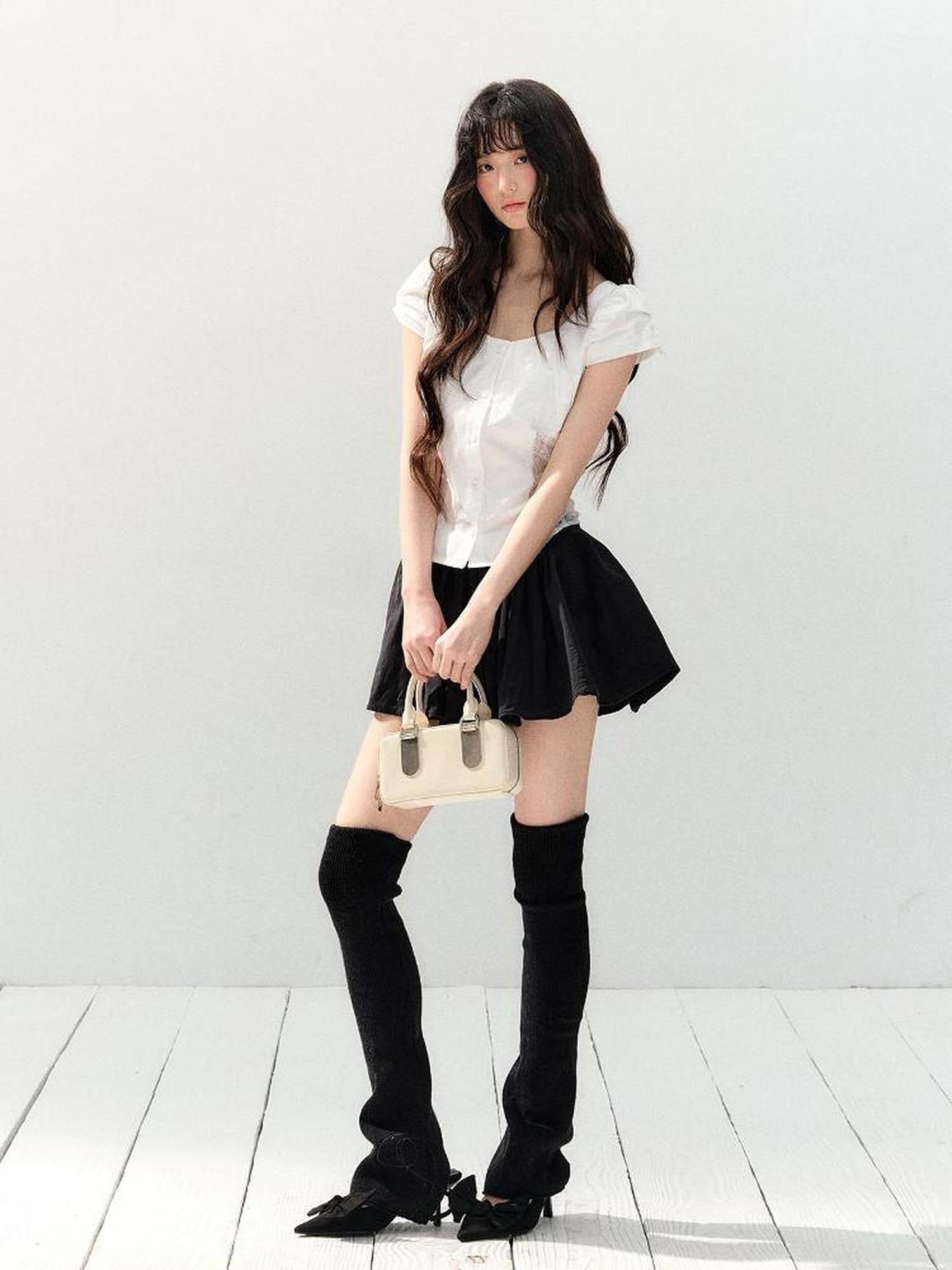 7Shiftin Puff Sleeve Two Piece Office Chic Women Crop T Shirt Basic Crop Tops