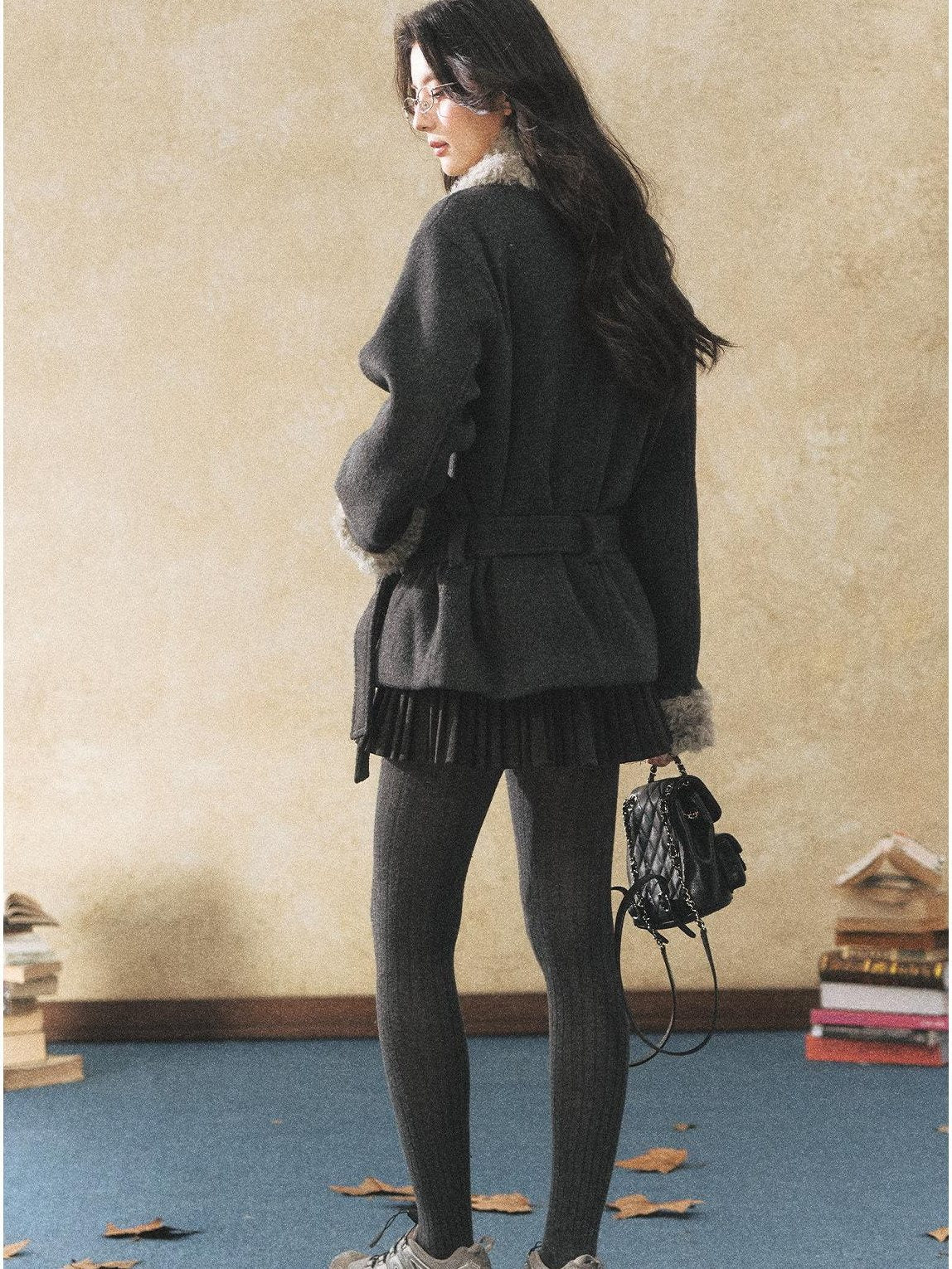 7Shiftin Warm Faux Fur Trim Casual Waist Double Breasted Women Deep Gray Short Coat