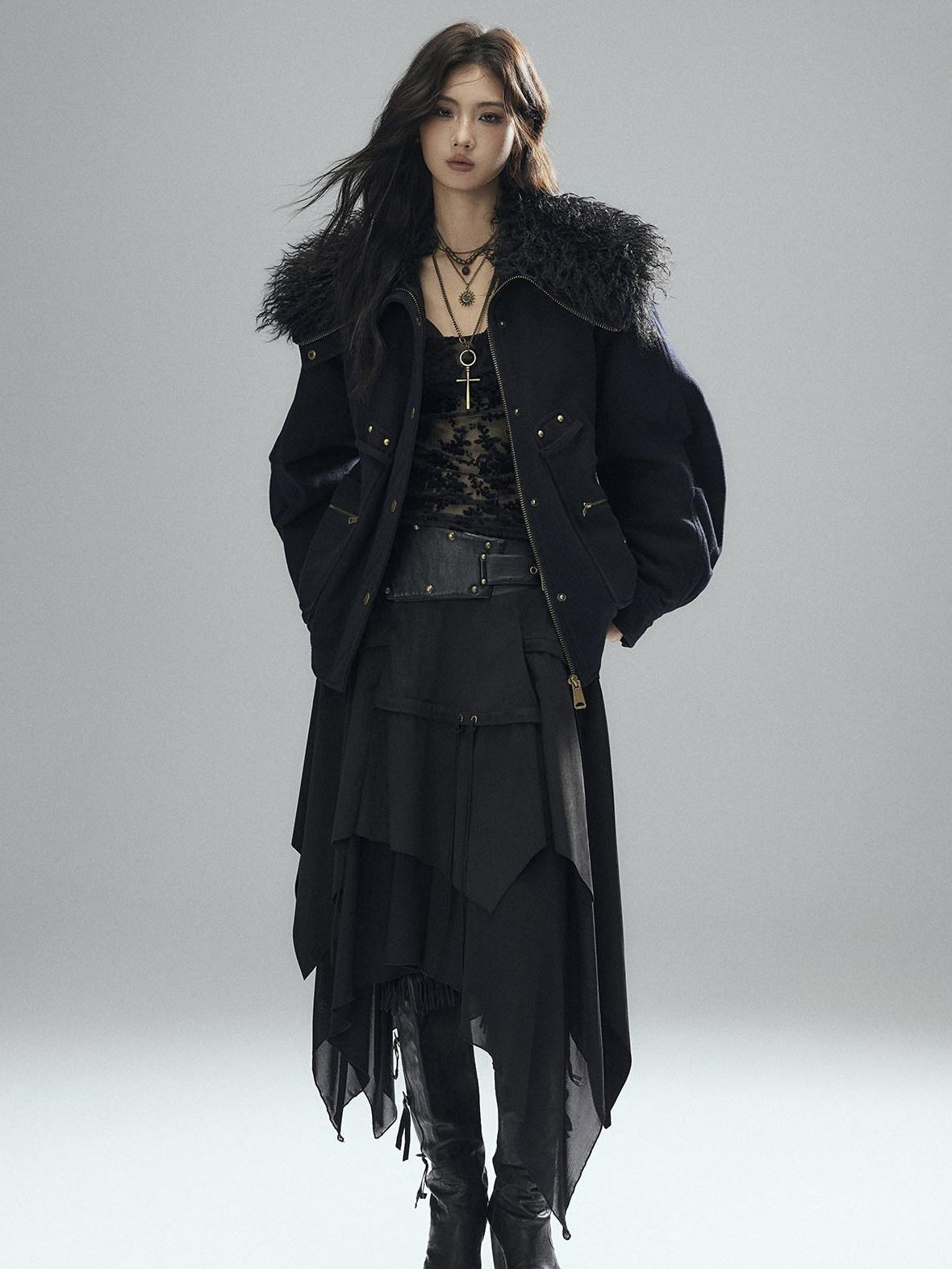 Low pixel Sexy Low Waist Asymmetrical A Line Zipper Black Woven Polyester Midi Skirts