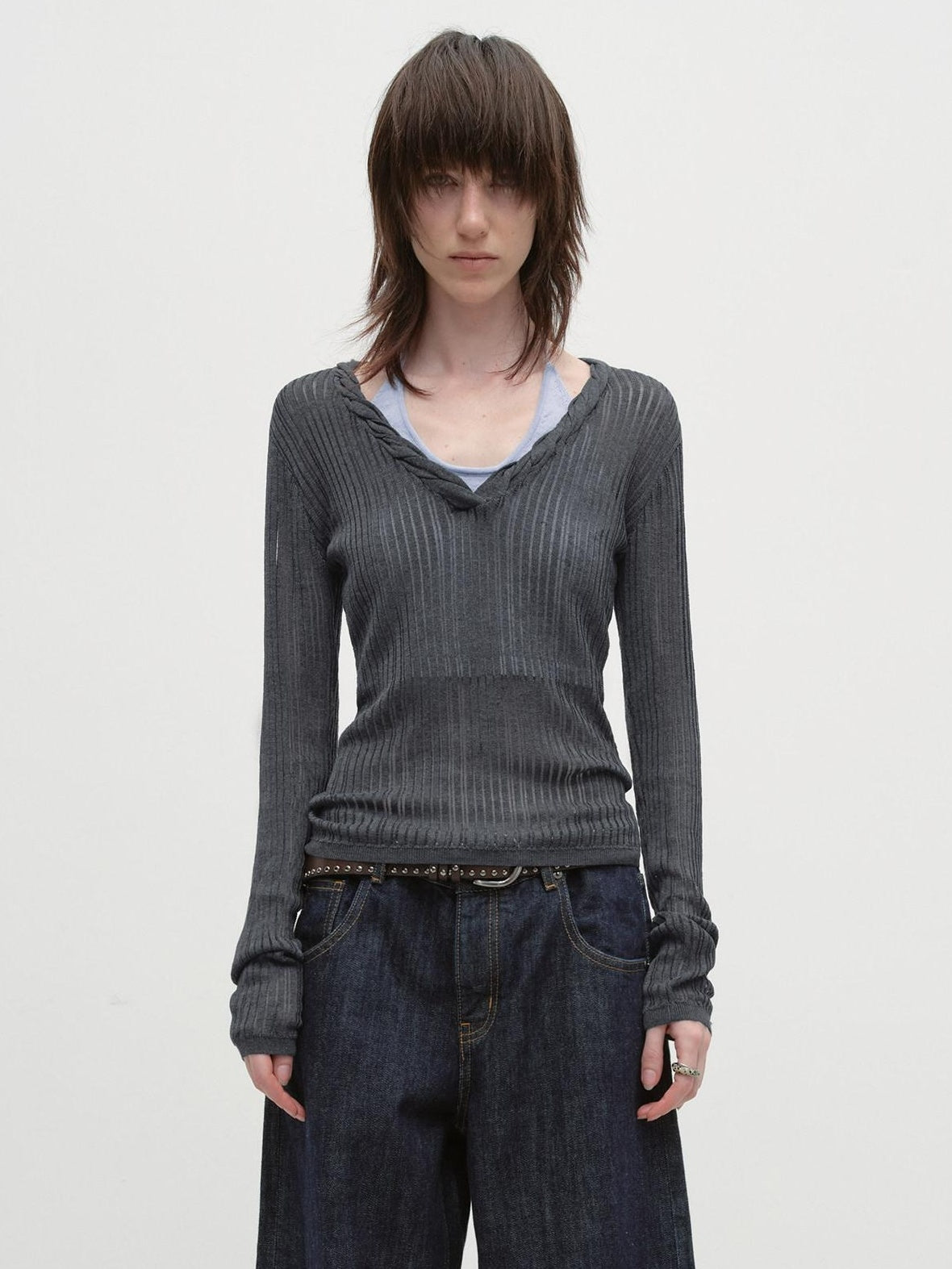RUN TO THE FUTURE Antibacterial V-neck Slim Layered Knit Women Outdoor Gray Long Sleeve T-Shirts