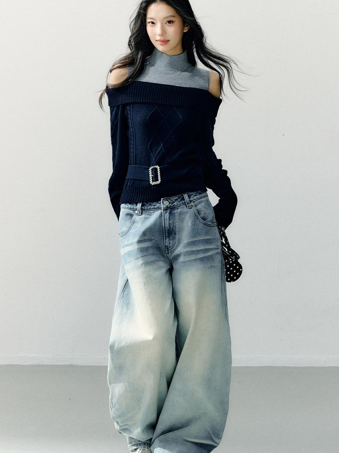 7Shiftin Washed Cotton Natural Waist Girly Zip Fly Non Stretch Blue Women Wide Leg Jeans