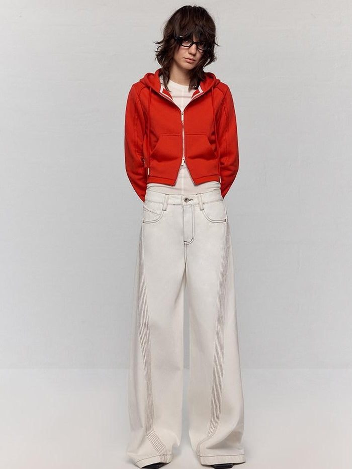 RUN TO THE FUTURE Casual Colorblock Loose Natural Waist Washed Denim High Cotton Wide-Leg Jeans