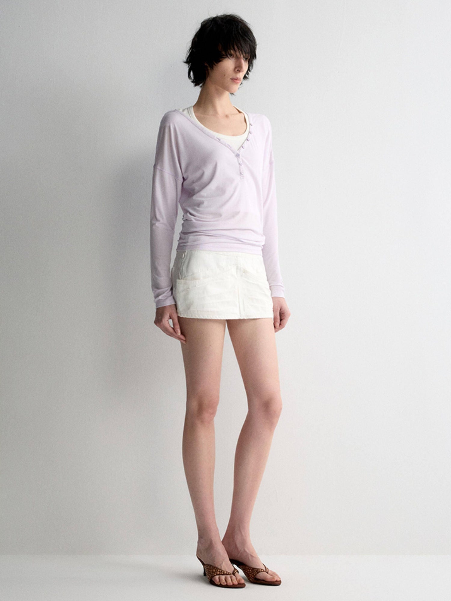 RUN TO THE FUTURE Breathable Lyocell Linen Vneck Slim Casual Women Lilac Long Sleeve T-Shirts