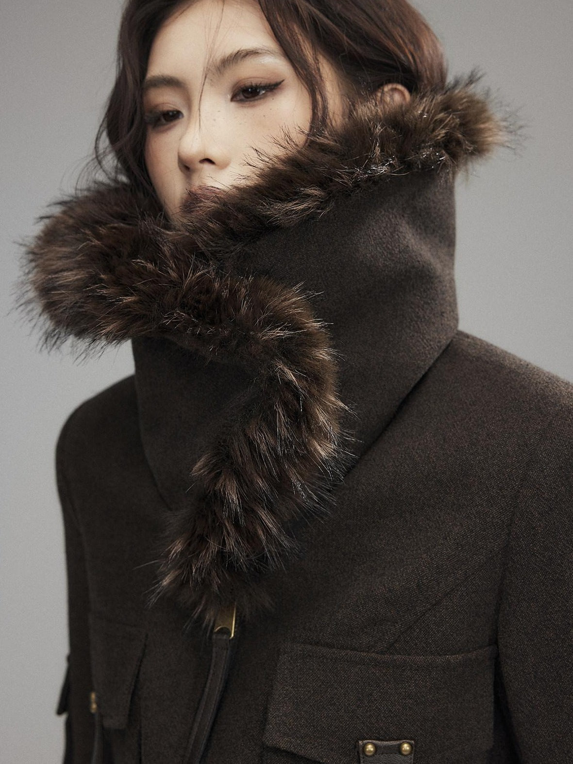 Low pixel Thick Wool Blend Slim Fit Sexy Lapel Zipper Brown Everyday Women Cropped Jackets
