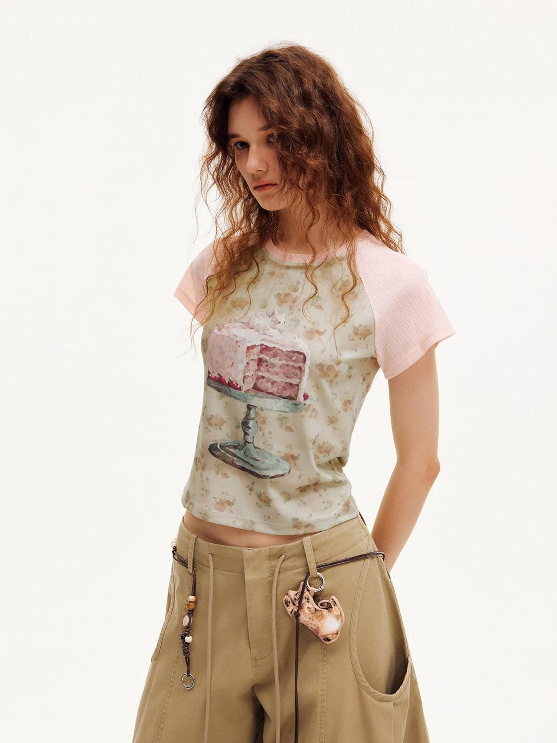 OuttheBlue Pink Textured Patchwork Raglan Food Print Women&