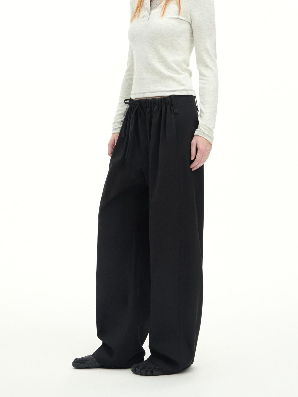 RUN TO THE FUTURE Stretch Wool Blend Casual Wide Leg Drawstring Mid Low Rise Women Black Chinos