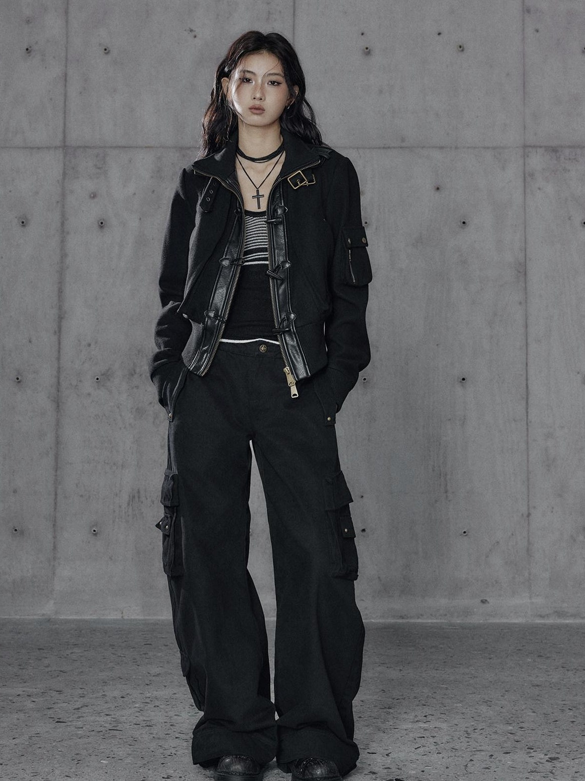 Low pixel Thick Wool Blend Slim Fit Street Hippie Stand Collar Black Cropped Jackets