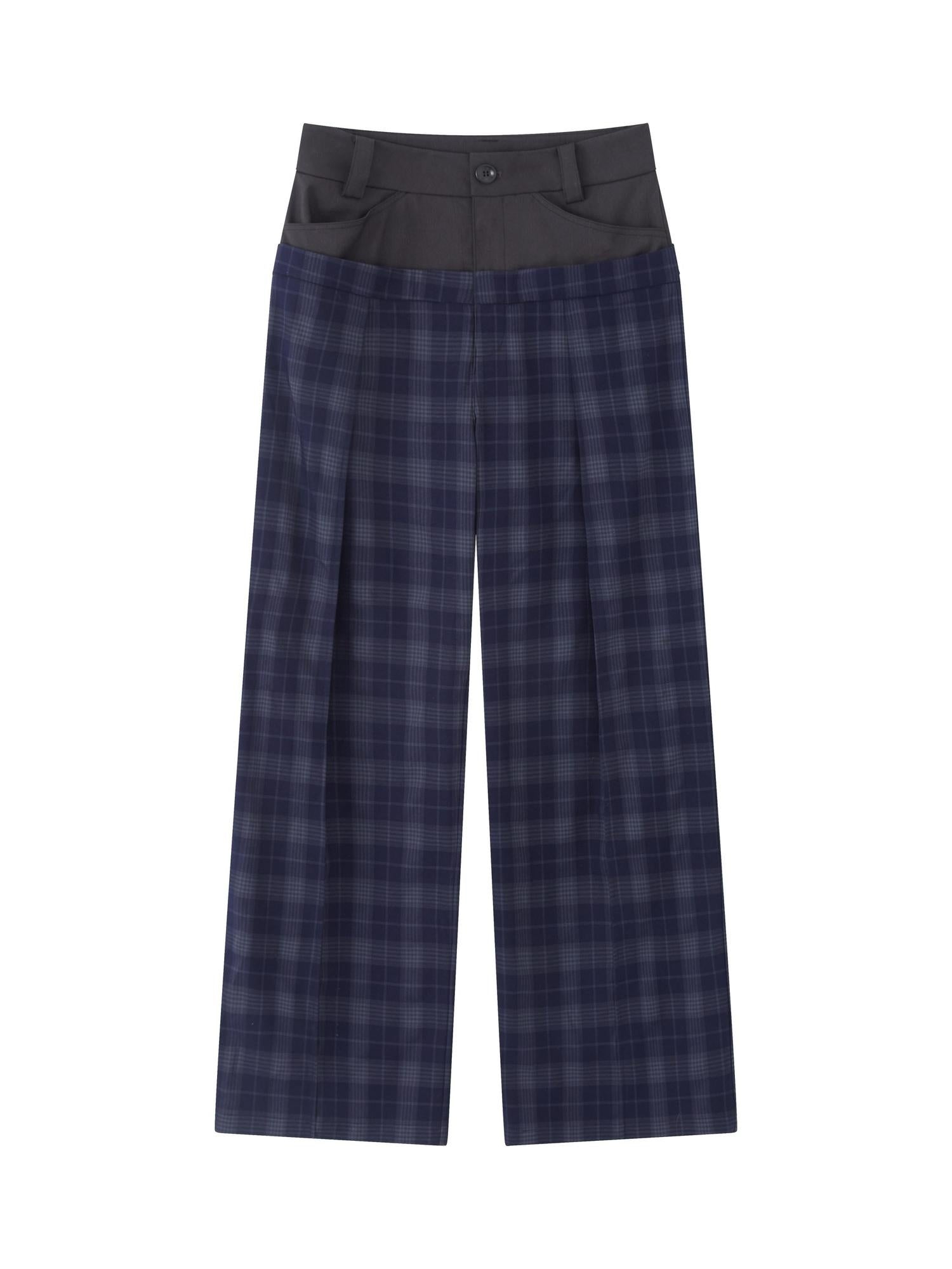 RUN TO THE FUTURE Original Double Waist Pockets Low Rise Wide Leg Women Blue Grey Plaid Chinos
