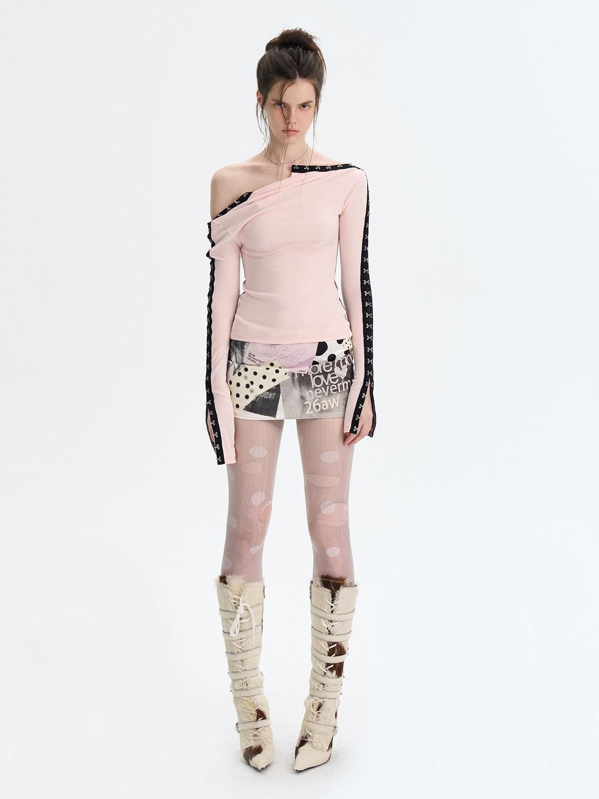 The NeverMore Brushed Viscose Spandex Sexy Slim Half Open Collar Long Sleeve Crop Tops