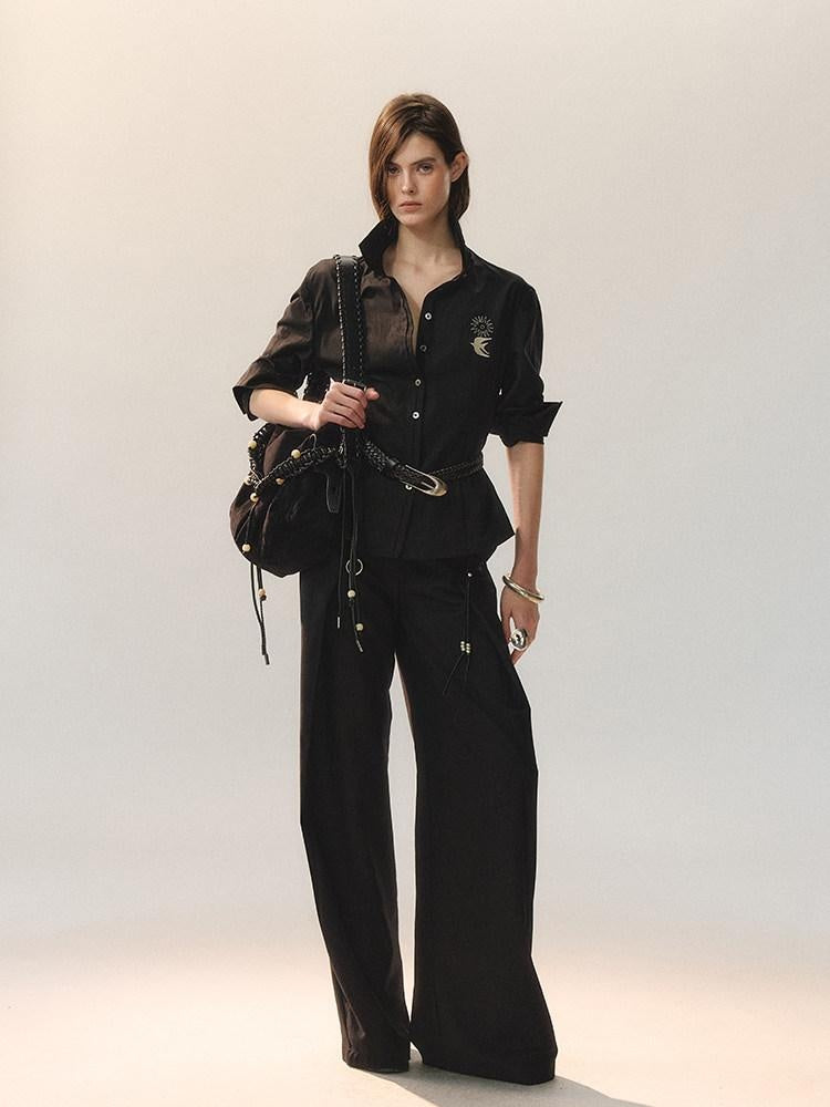 AnnoMundi Embroidered Lyocell Lace Slim Fit Double Collar Long Sleeve Women Black Blouses