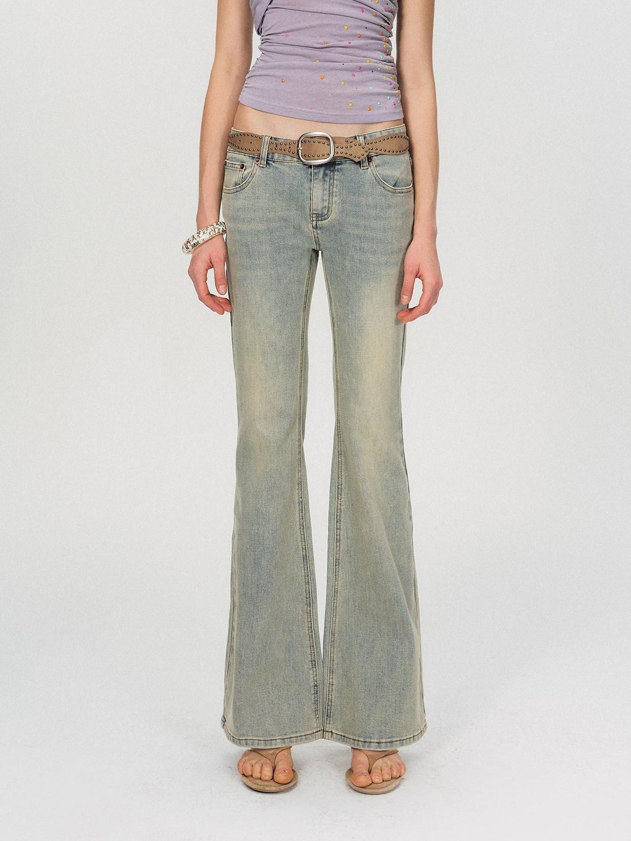 The NeverMore Washed Micro Flare Low Rise Micro Stretch Cotton Blue Green Straight Leg Jeans