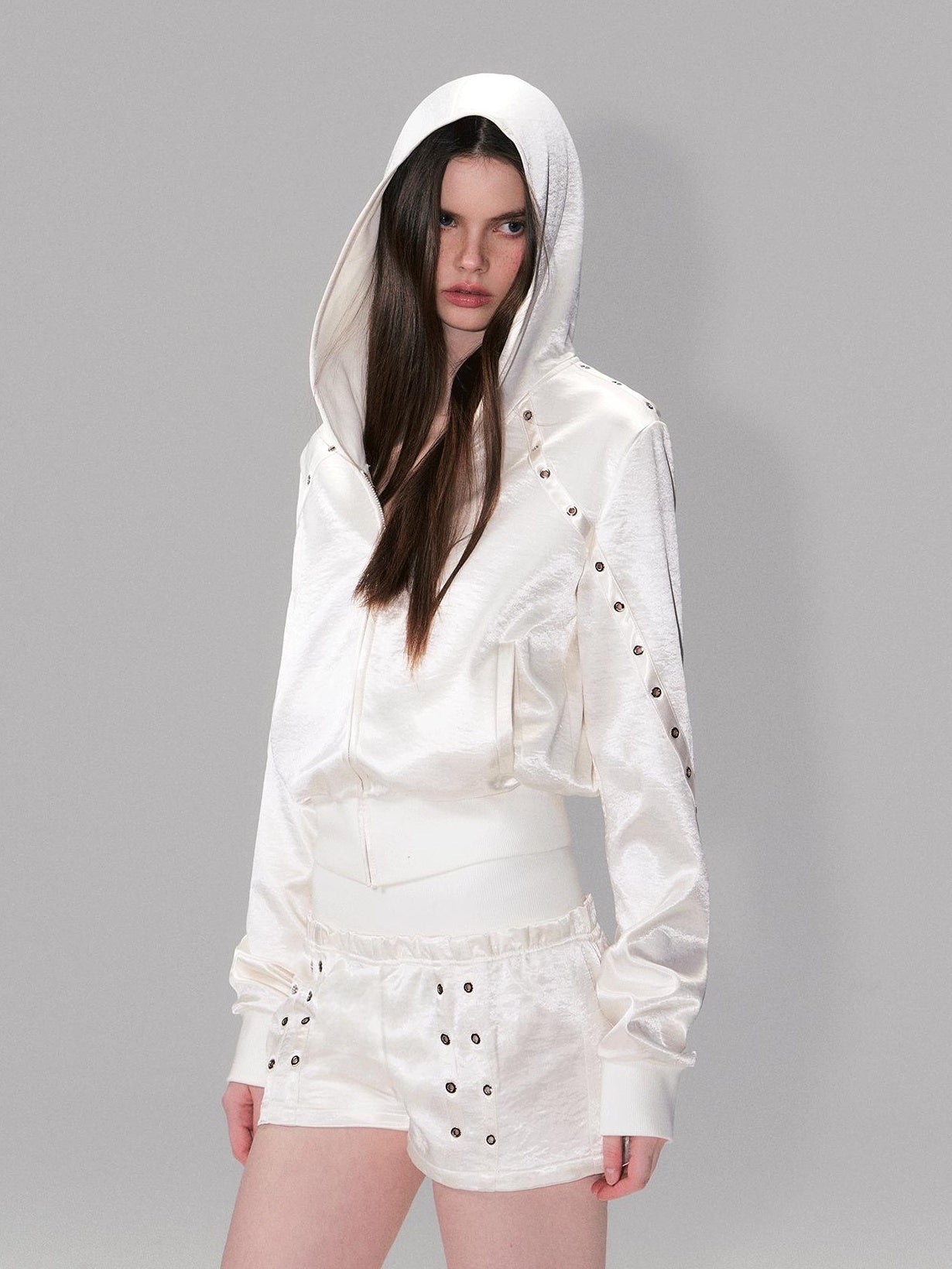 The NeverMore Cozy Cropped Two Piece Set Long Sleeve High Waist Shorts Women Solid Hoodie