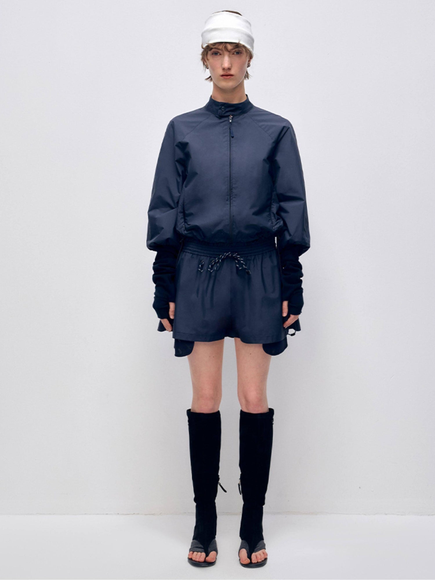 RUN TO THE FUTURE Polyester Two Piece Zip Stand Collar Casual Women Navy Green Short Trousers